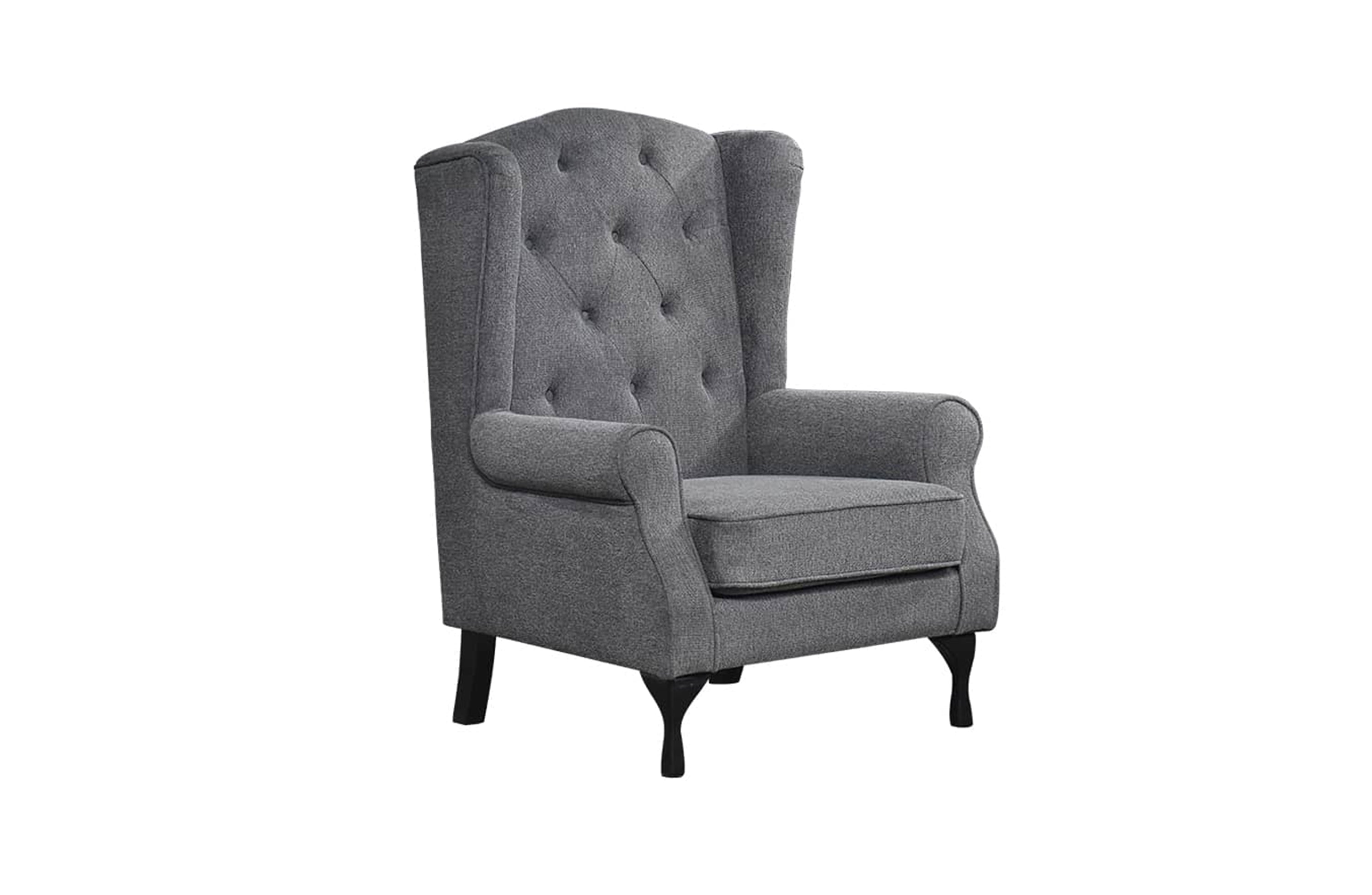 Charcoal grey Chesterfield tufted armchair with high back and timber legs