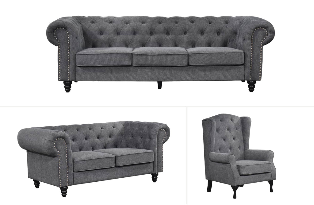 Charcoal grey Chesterfield full lounge set with tufted finish and timber base