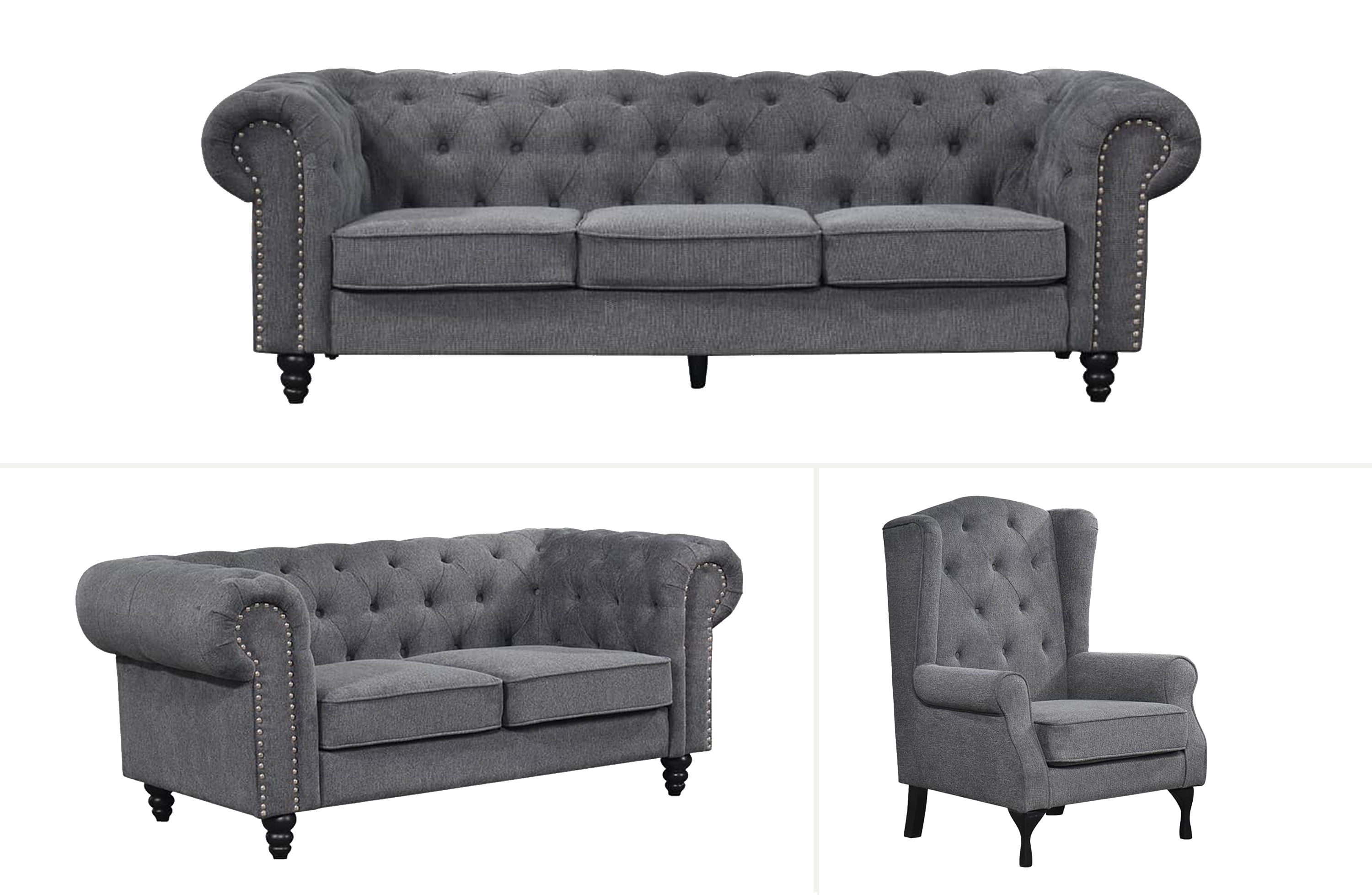Charcoal grey Chesterfield full lounge set with tufted finish and timber base