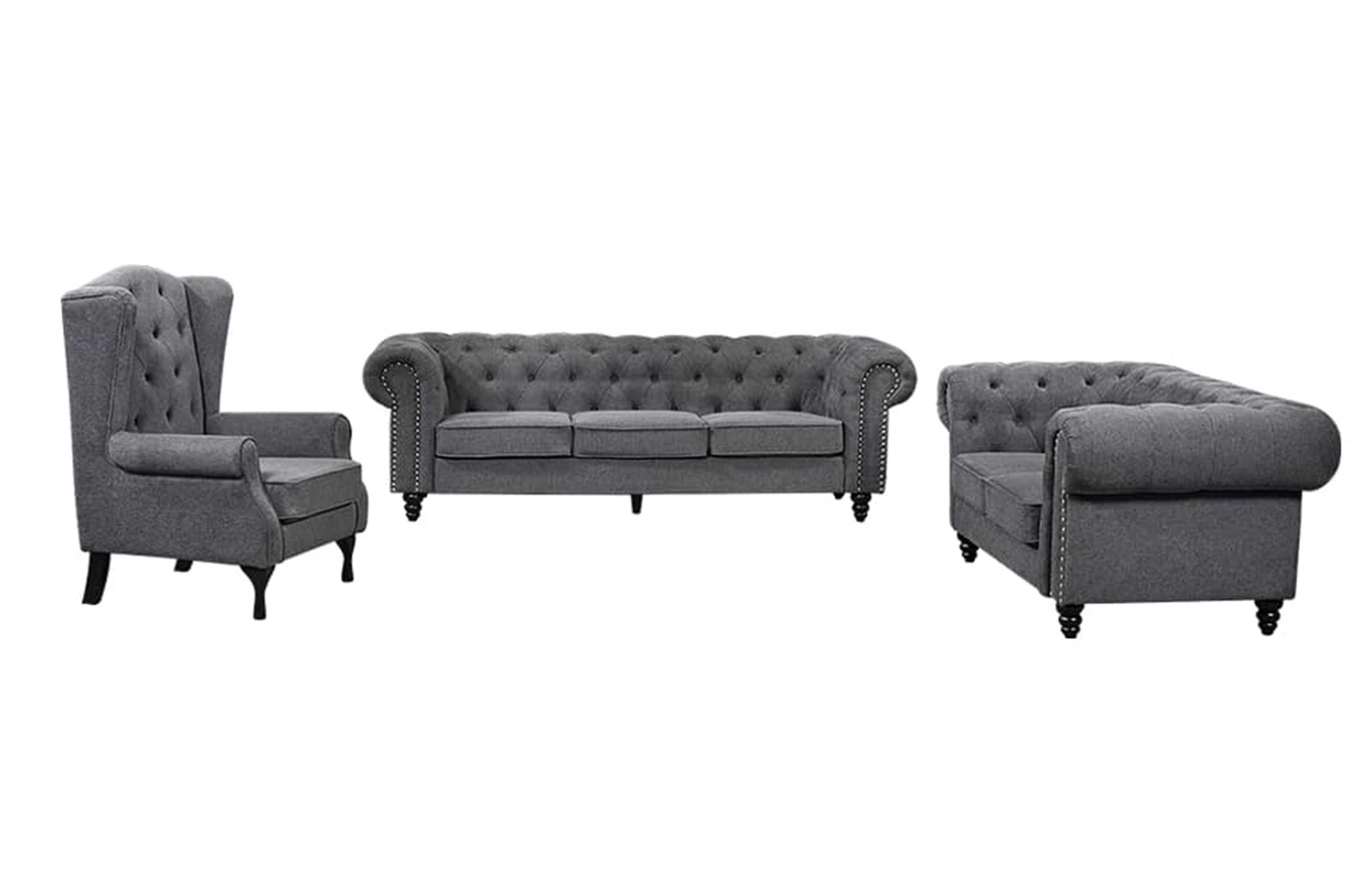 Charcoal grey Chesterfield full lounge set angle with tufted finish and timber base
