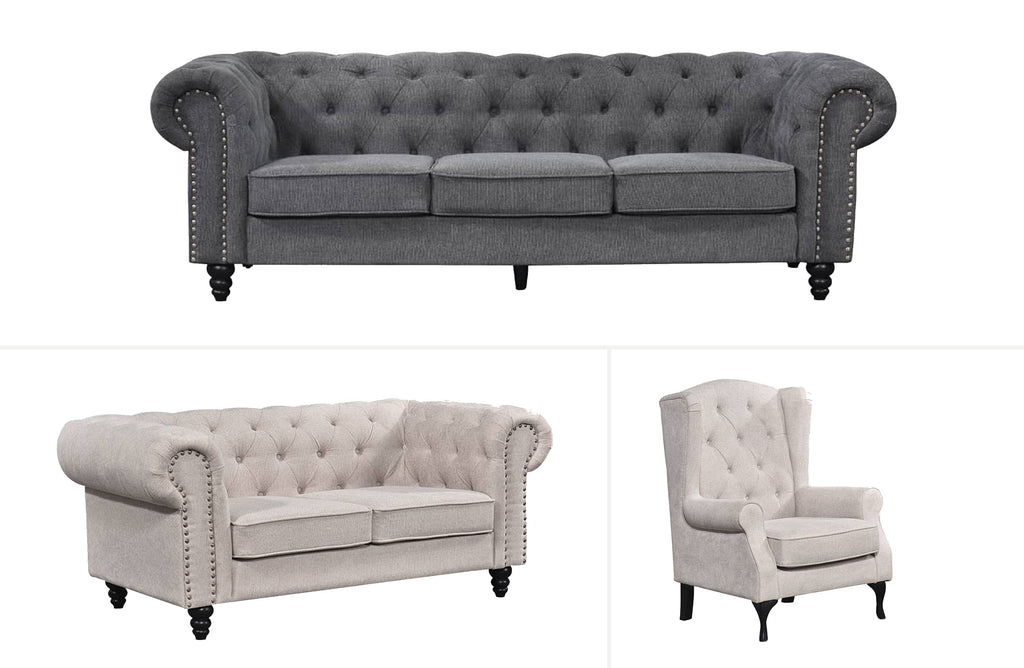 Chesterfield tufted lounge set available in beige and charcoal grey with three-seater, two-seater and armchair options