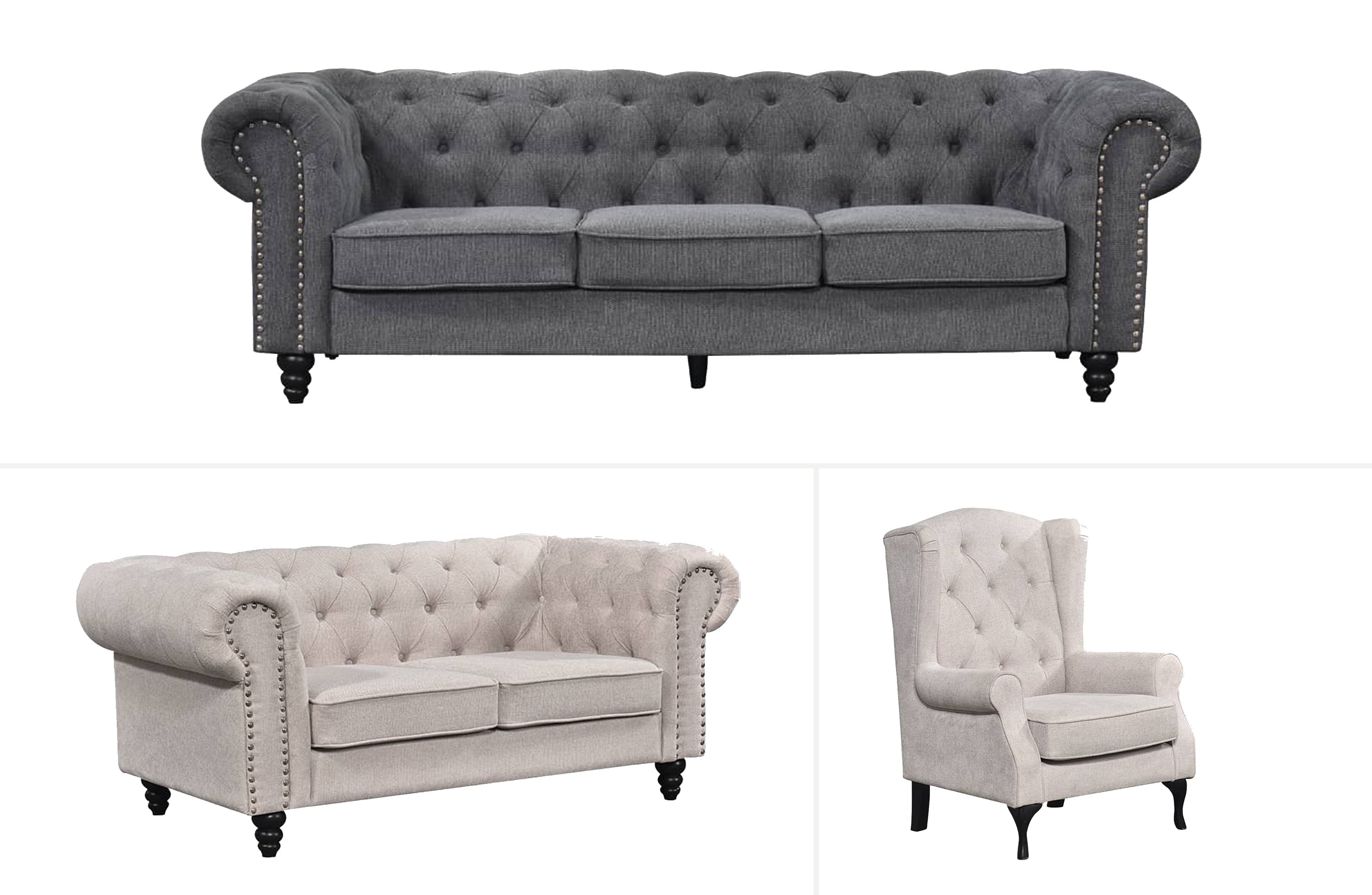 Chesterfield tufted lounge set available in beige and charcoal grey with three-seater, two-seater and armchair options