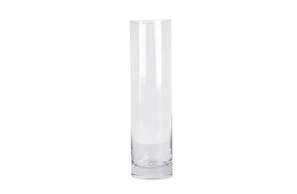 Clear glass cylinder flower vase, 40cm tall, modern minimalist design.