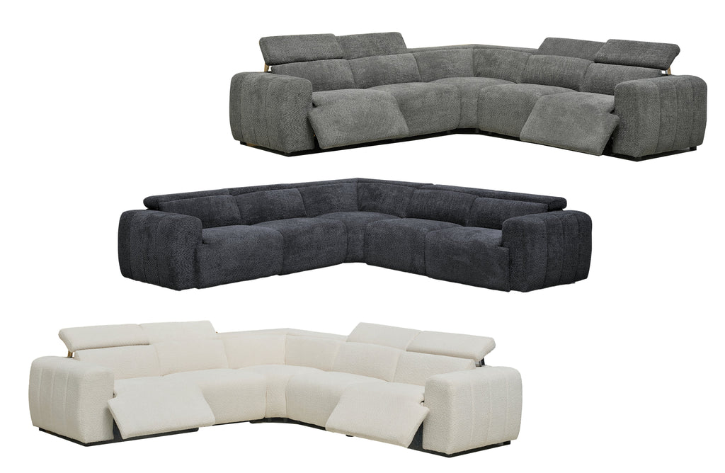 Cleo boucle electric modular lounge in cream, light grey, and charcoal colour variations.