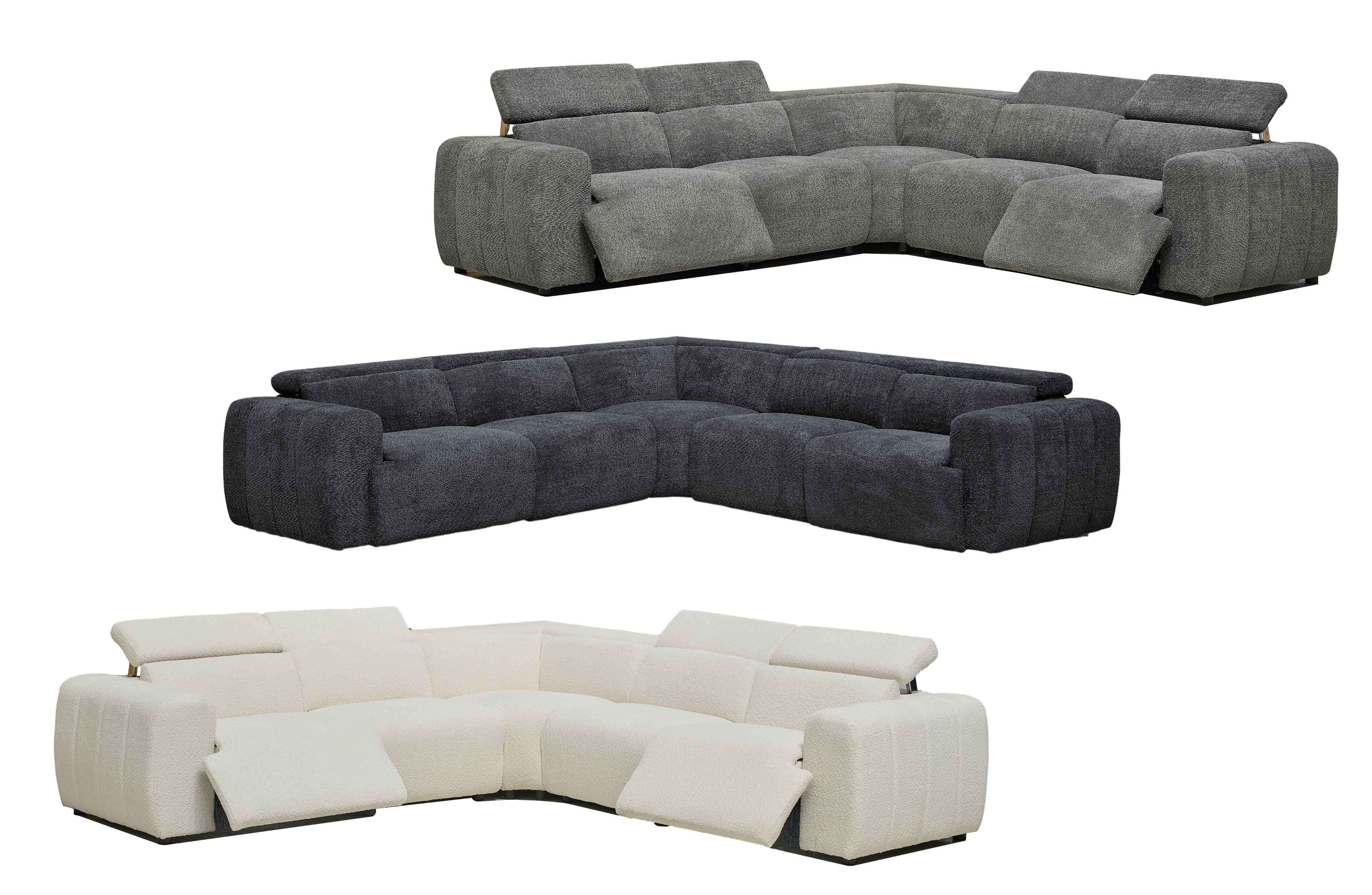 Cleo boucle electric modular lounge in cream, light grey, and charcoal colour variations.