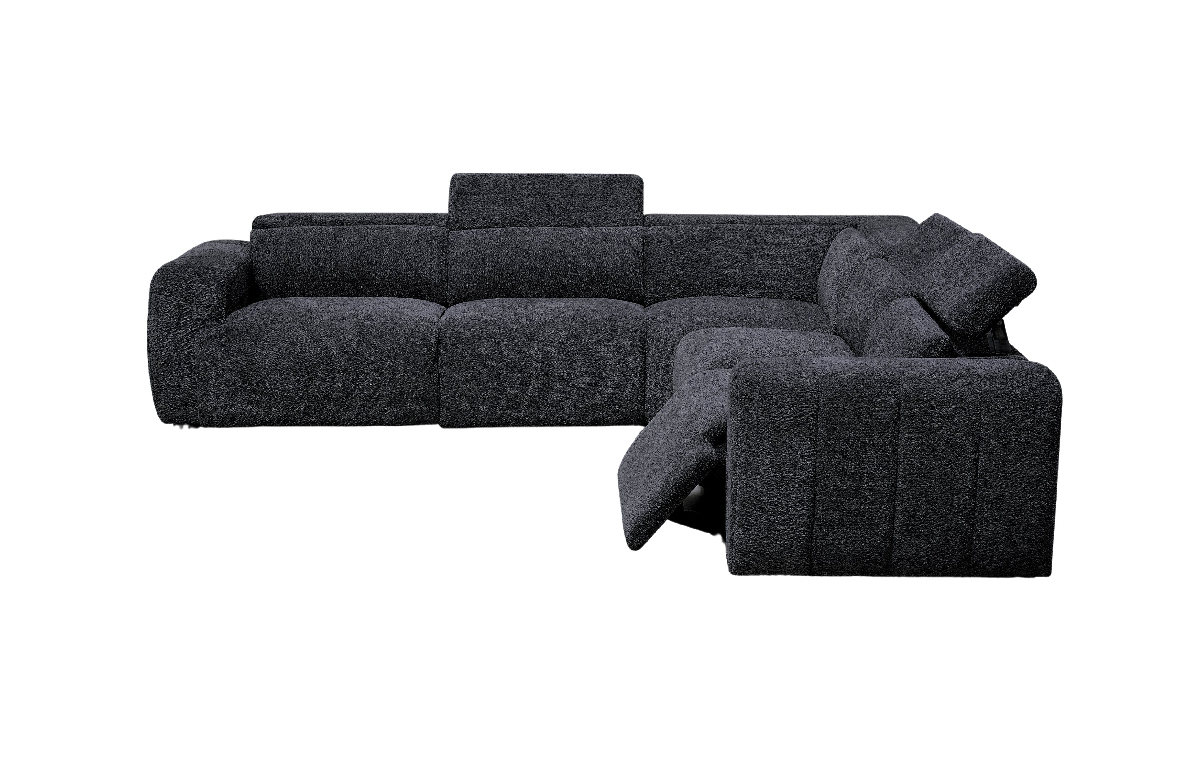 Charcoal Cleo boucle modular lounge with powered recliner and adjustable headrests, boucle textured fabric.