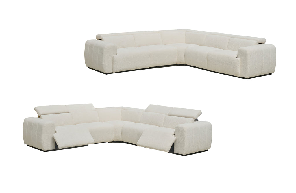 Cleo boucle electric modular lounge in cream boucle fabric with reclining seats and adjustable headrests.