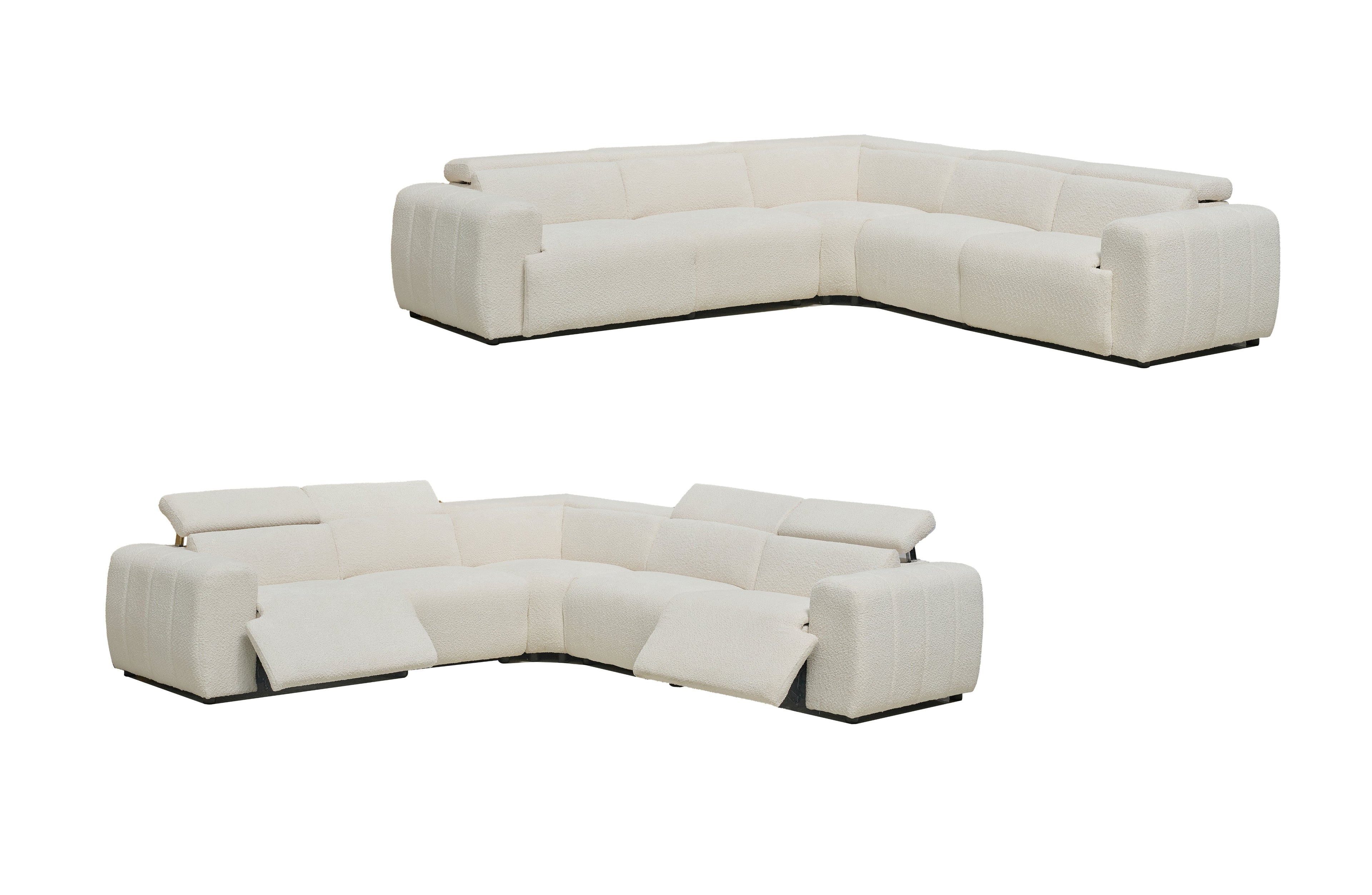 Cleo boucle electric modular lounge in cream boucle fabric with reclining seats and adjustable headrests.