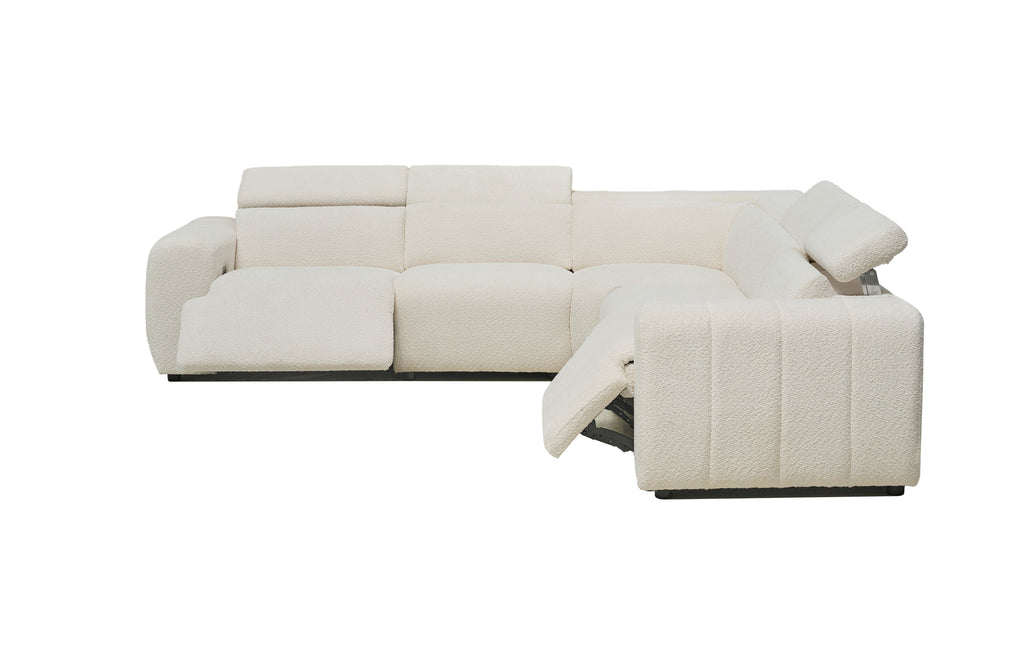 Cream Cleo boucle electric modular lounge with open recliner seat and powered headrest function.