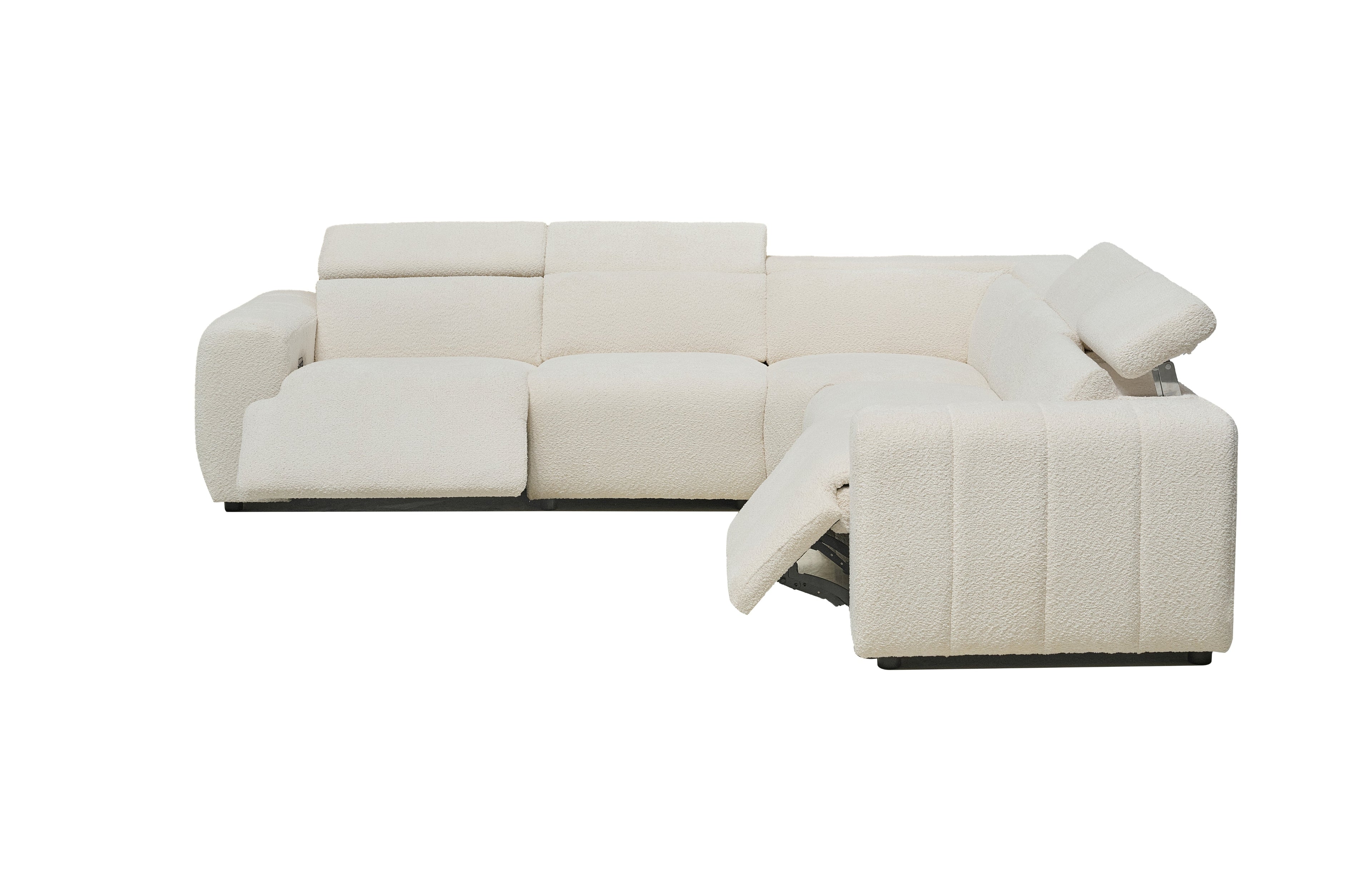 Cream Cleo boucle electric modular lounge with open recliner seat and powered headrest function.