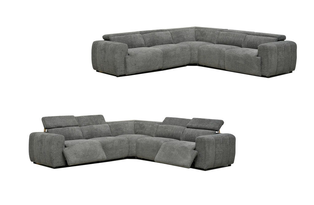 Grey Cleo boucle modular lounge in boucle fabric with corner seating and electric recliners.