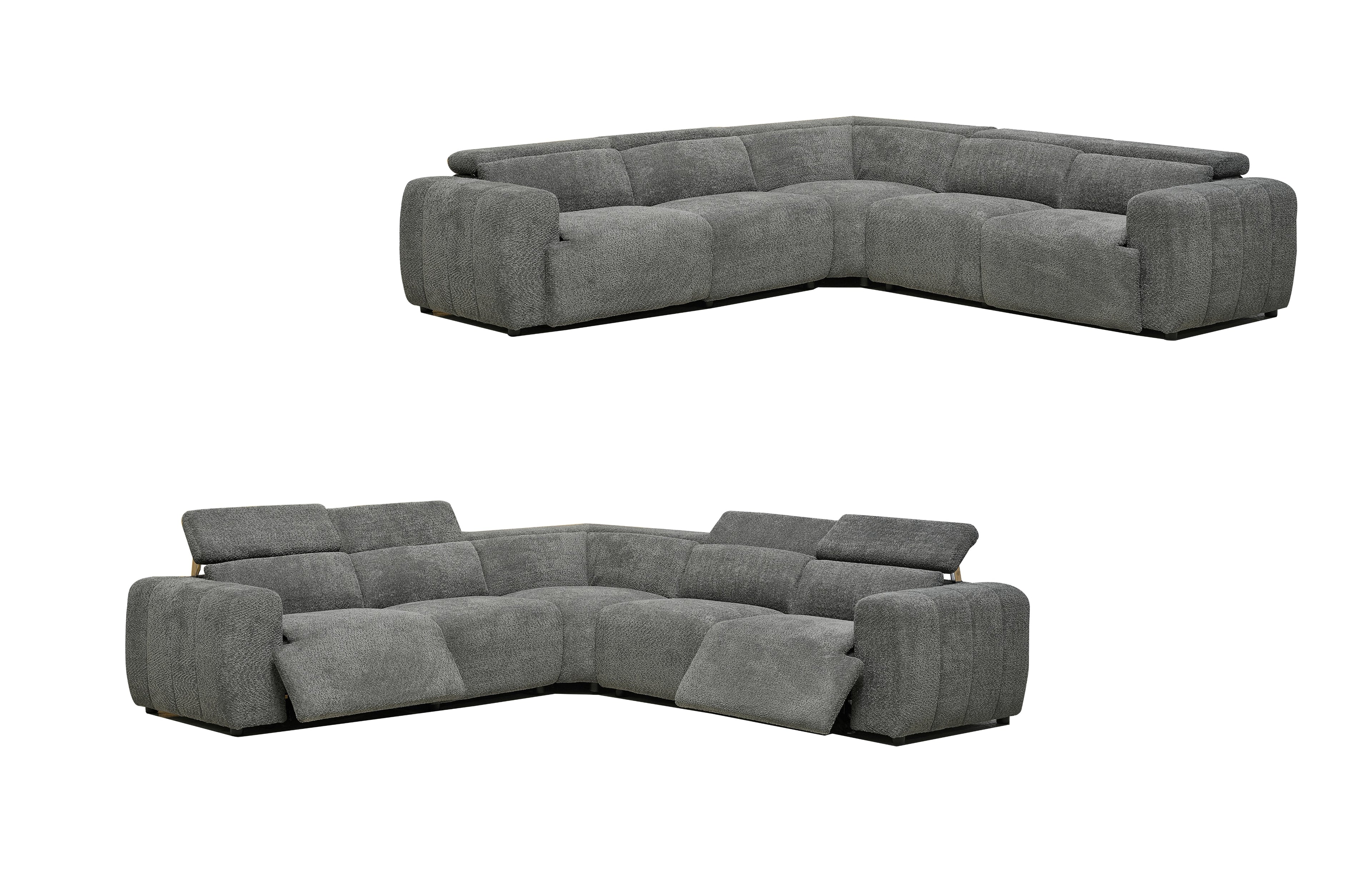 Grey Cleo boucle modular lounge in boucle fabric with corner seating and electric recliners.