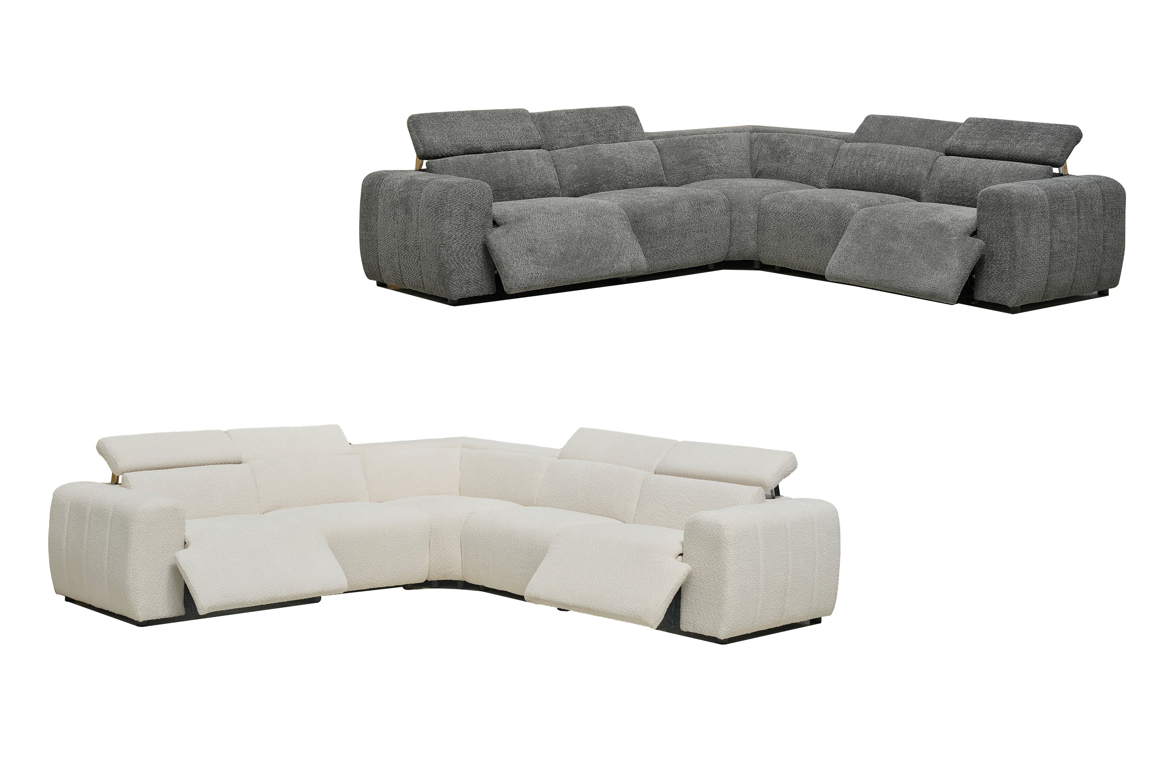 Cleo boucle electric modular lounge in grey and cream with powered recliners and headrests.