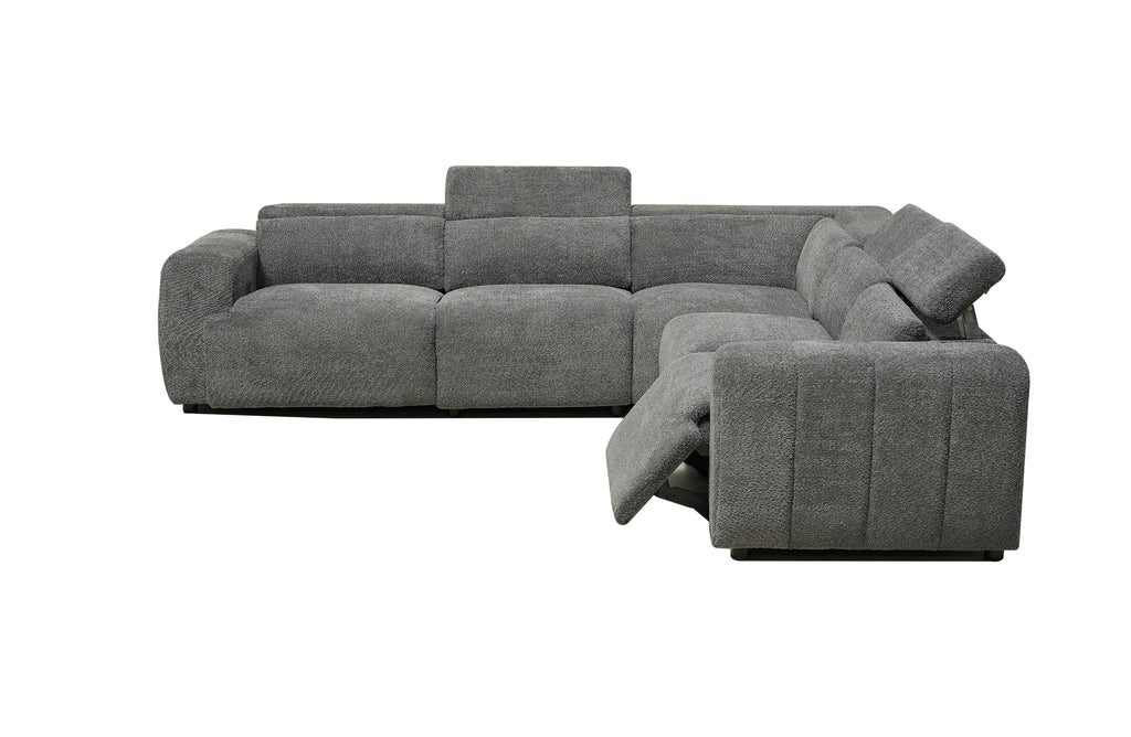 Grey Cleo boucle electric modular lounge showing recliner seat extended with powered headrest adjustment.