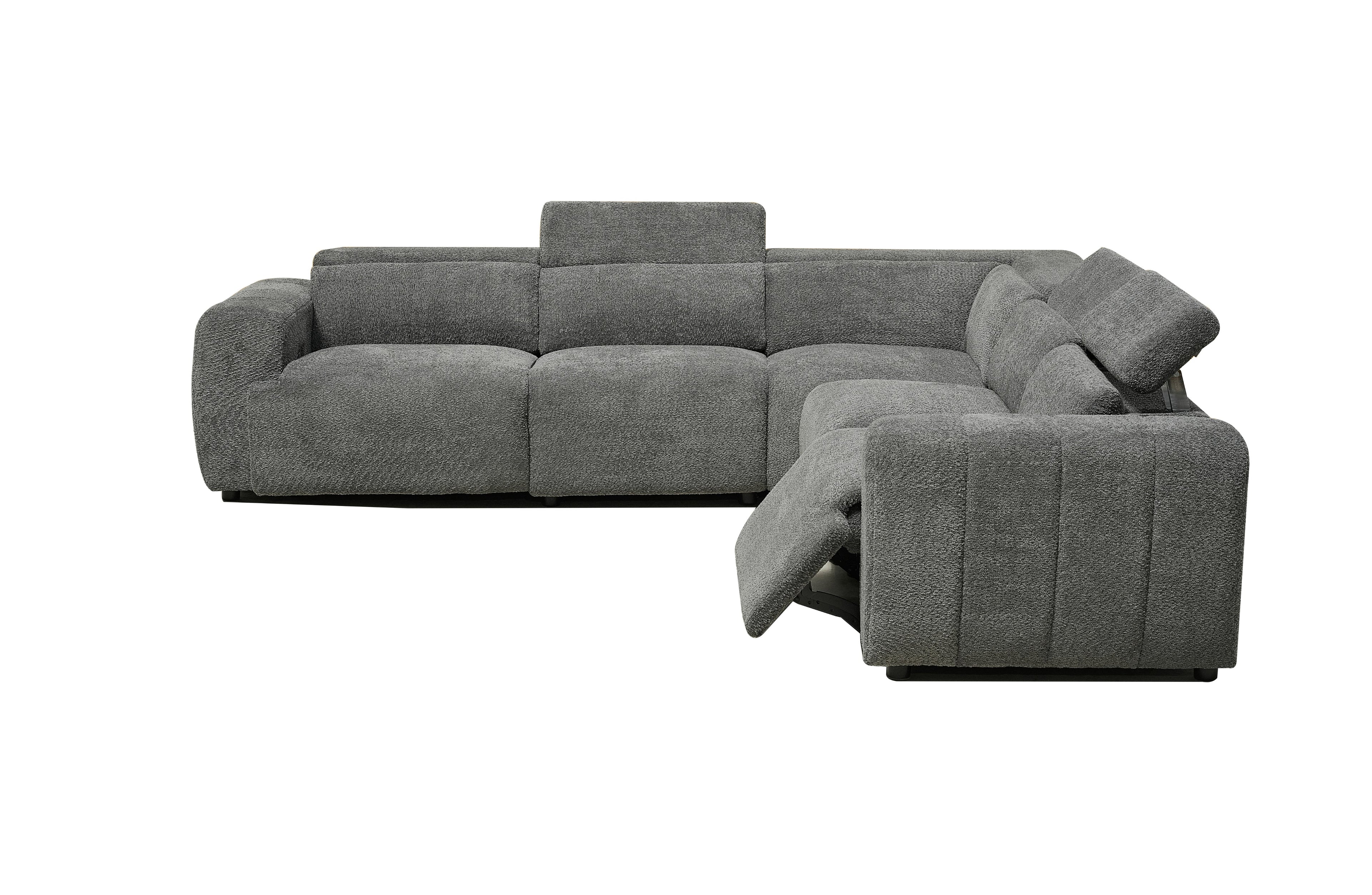 Grey Cleo boucle electric modular lounge showing recliner seat extended with powered headrest adjustment.