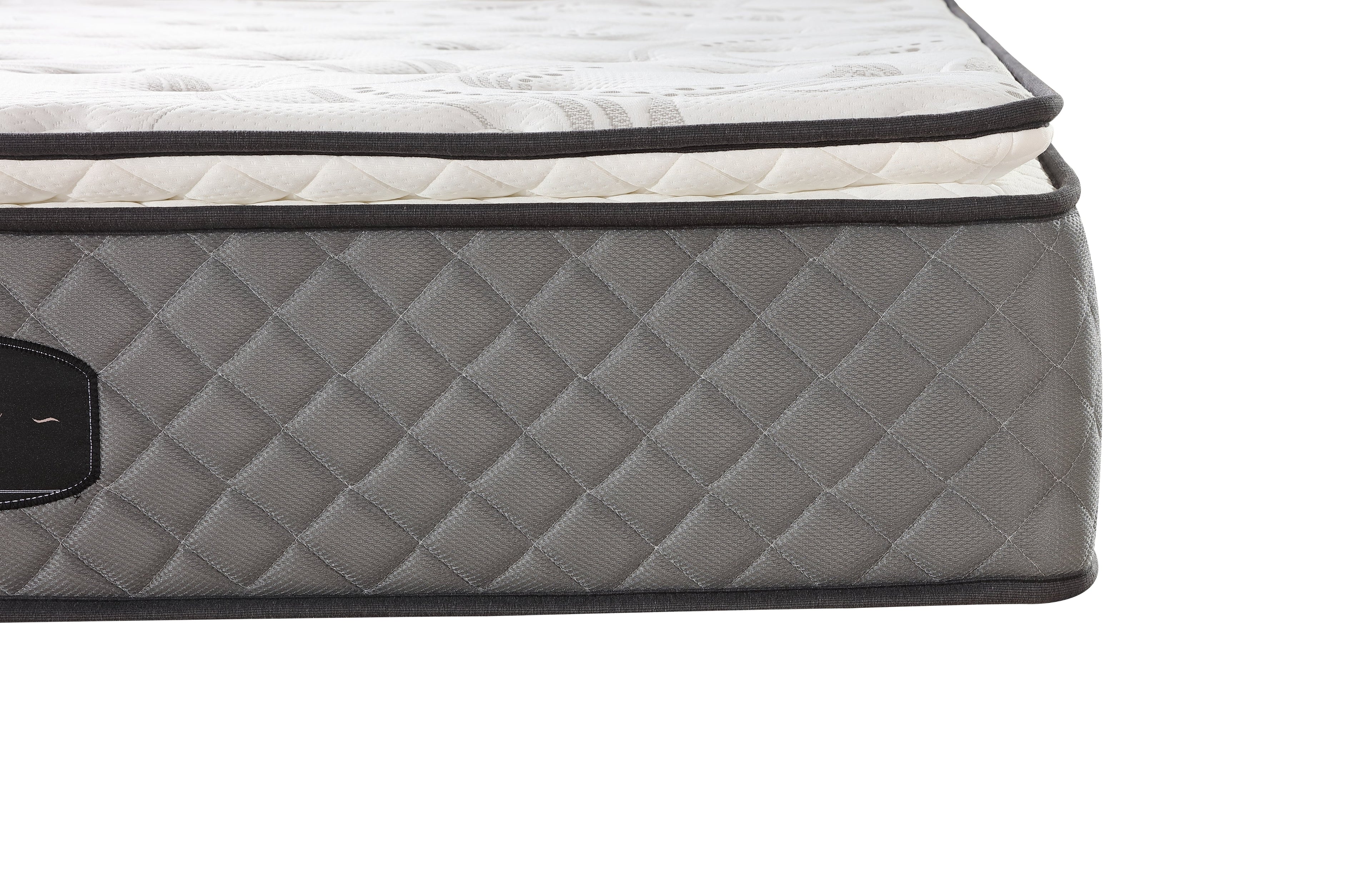 Side profile of Comfort Euro Top mattress highlighting quilted grey fabric and edge finish.