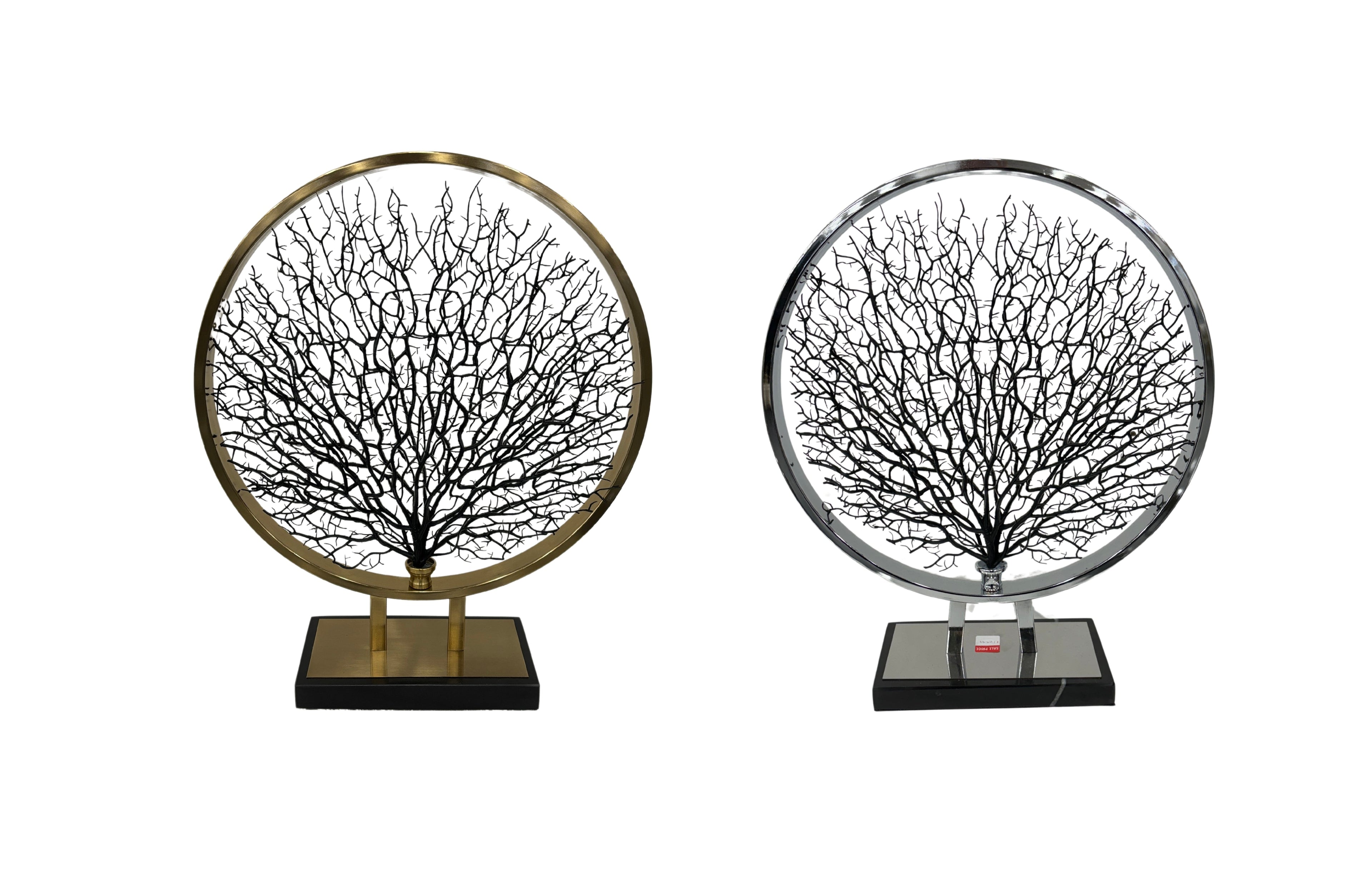 Set of two Coral Tree Table Décor pieces featuring intricate black coral designs encased in elegant gold and silver circular frames on black bases, perfect for modern and luxurious interior styling.