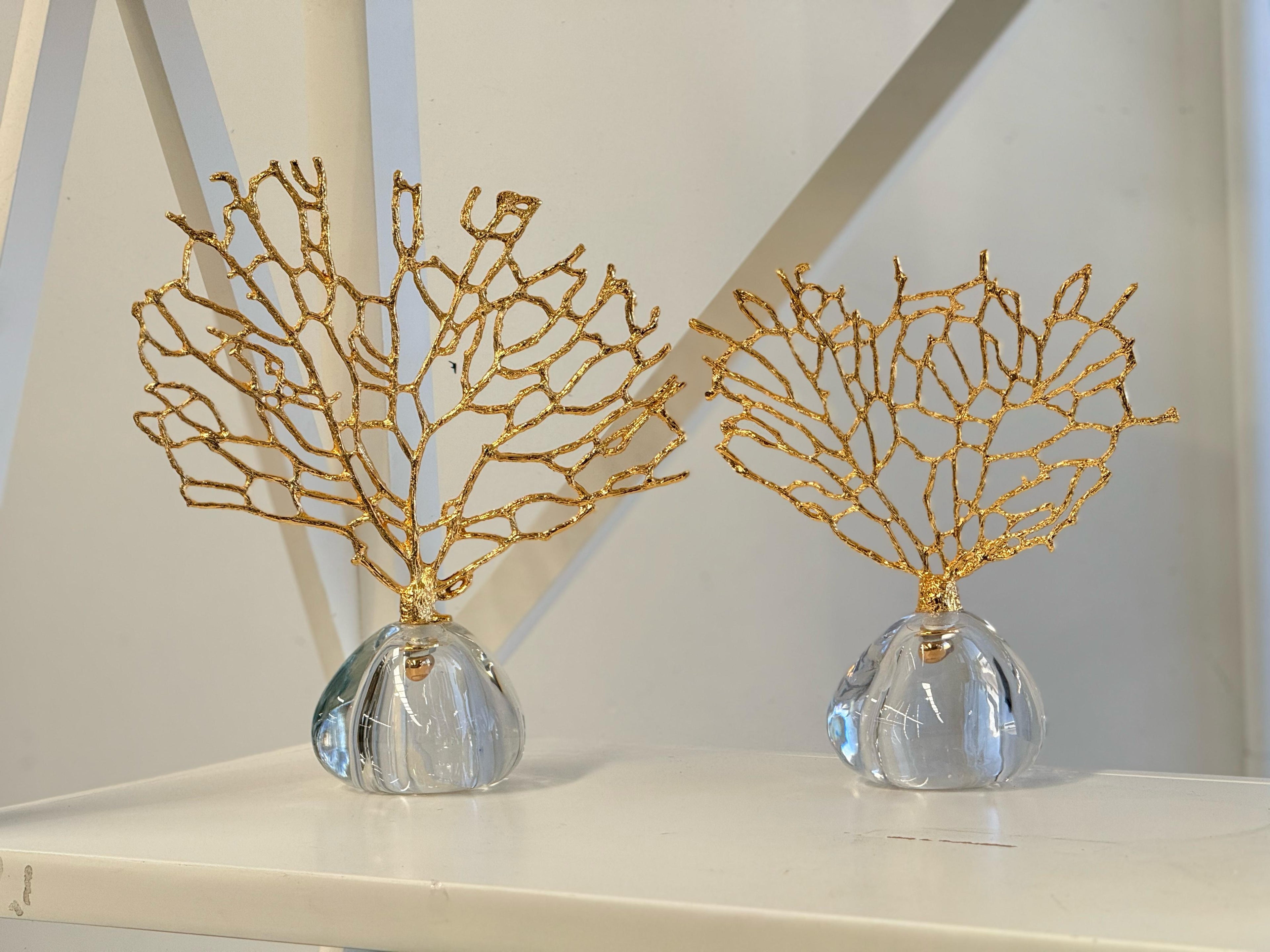 Gold Crystal Tree Table Décor set with clear crystal bases displayed on a modern white surface, showcasing elegant branch design