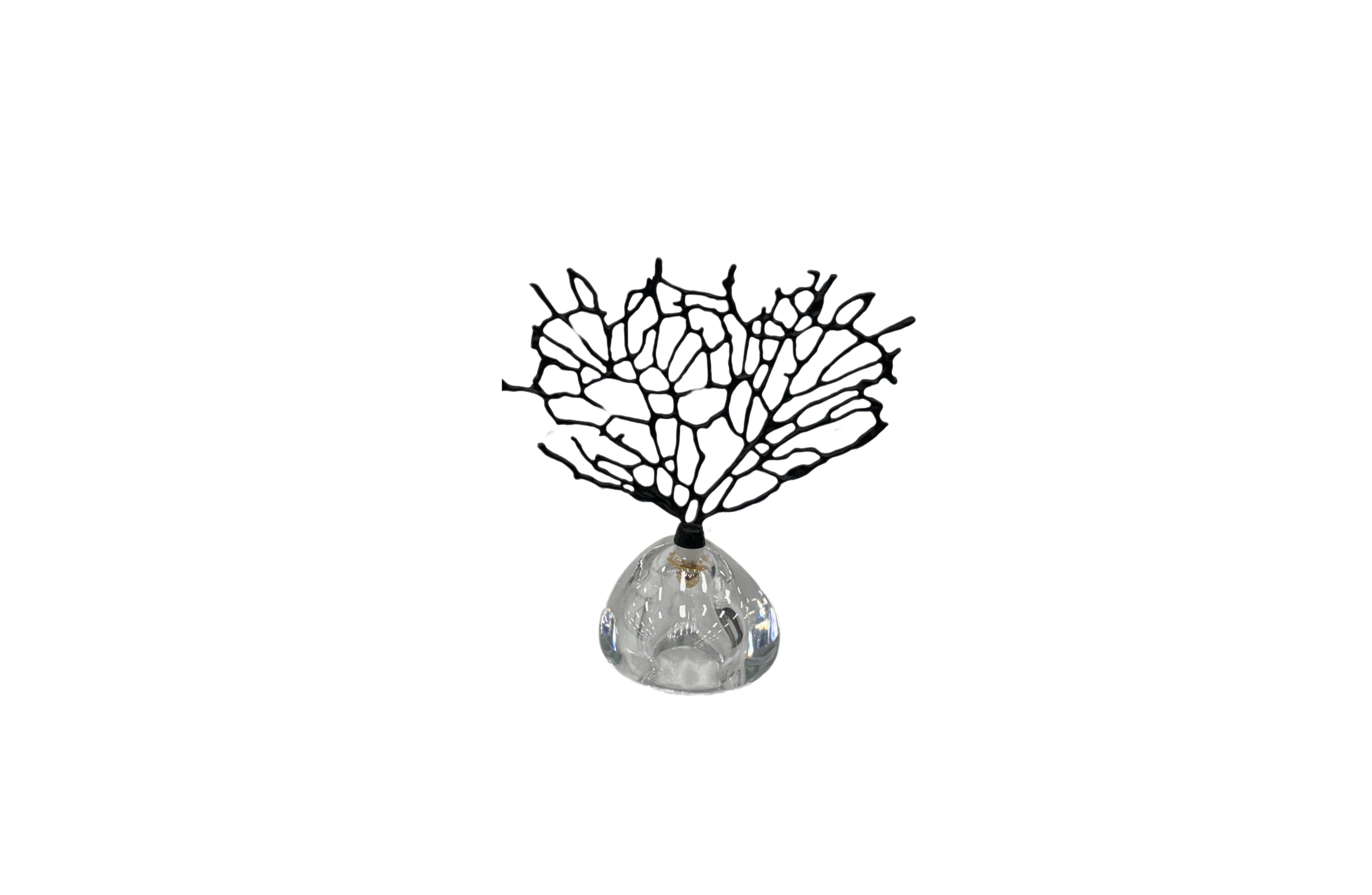 Small Black Crystal Tree Table Décor with a clear rounded base and abstract black coral-like branches for elegant display