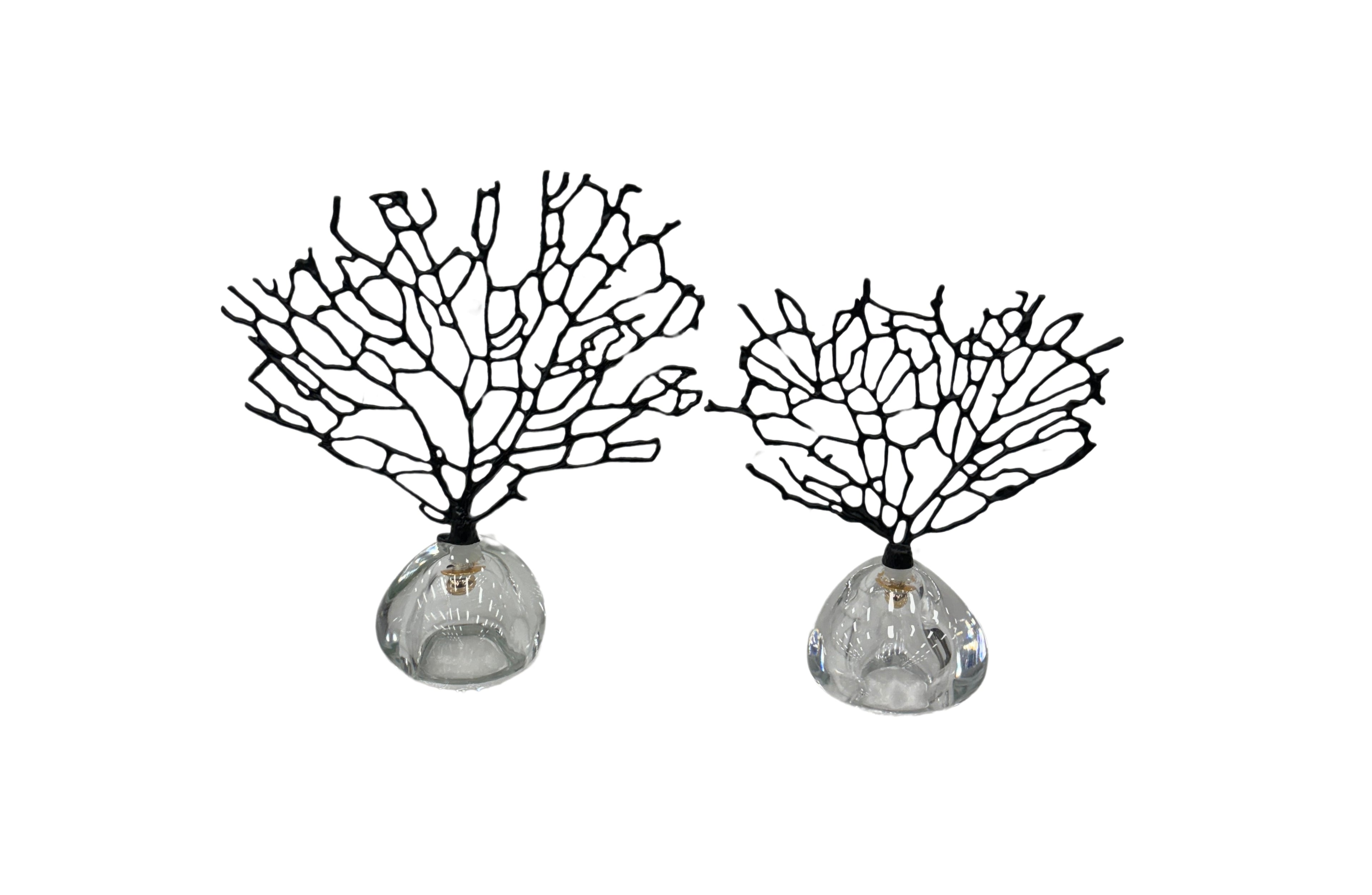 Black Crystal Tree Table Décor set featuring two sizes with clear crystal bases and intricate black tree branches