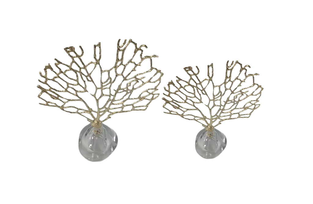 Set of two Gold Crystal Tree Table Décor pieces featuring intricate golden branches with clear glass bases, perfect for elegant tabletop styling
