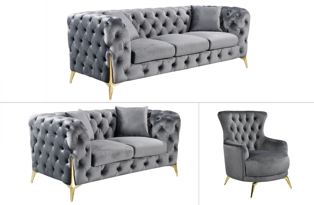 GRAND dark grey velvet lounge with plush tufting and gold legs