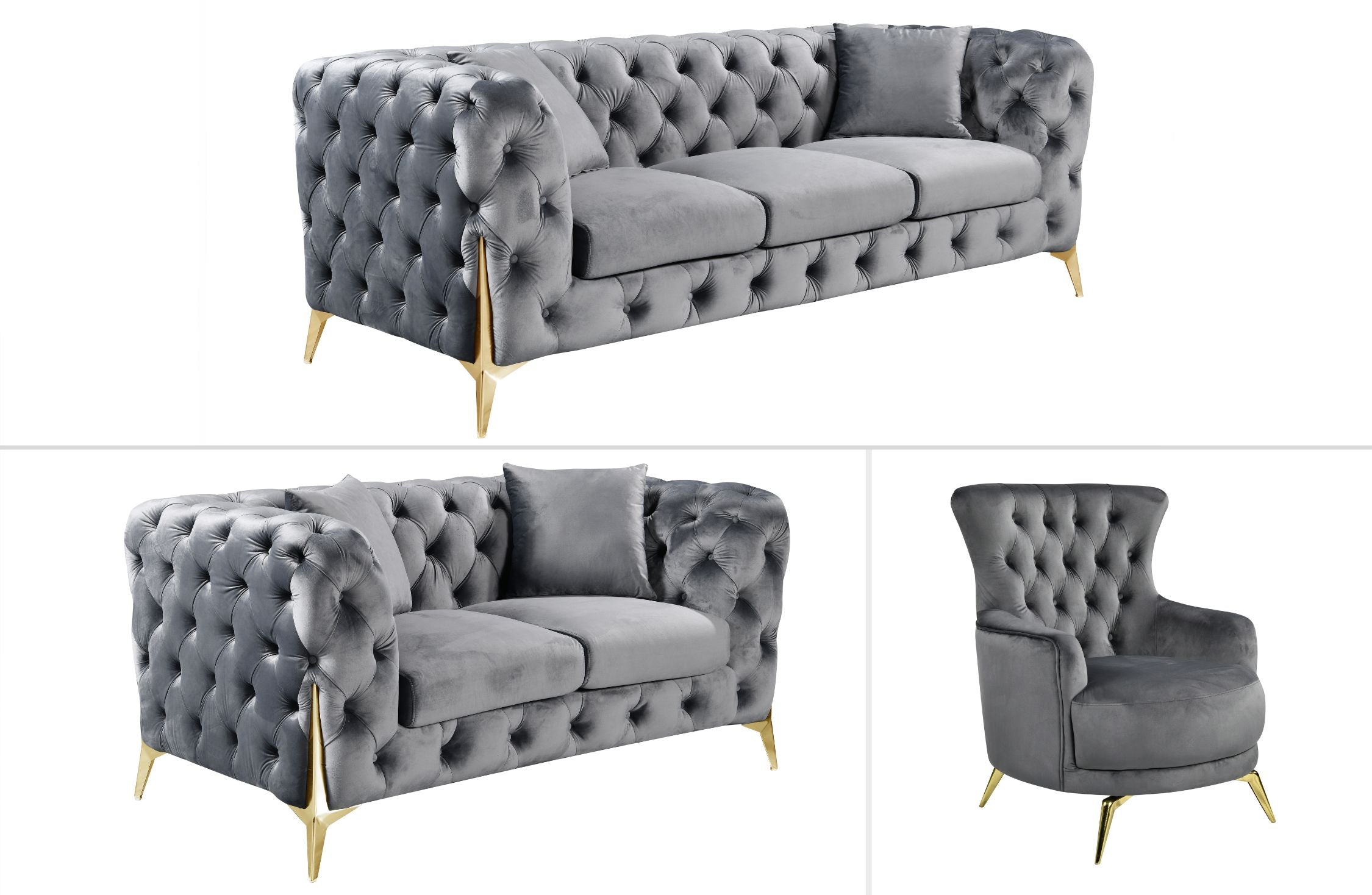 GRAND dark grey velvet lounge with plush tufting and gold legs