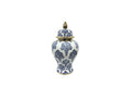 Small blue and white damask ceramic urn with gold accents for a classic touch.