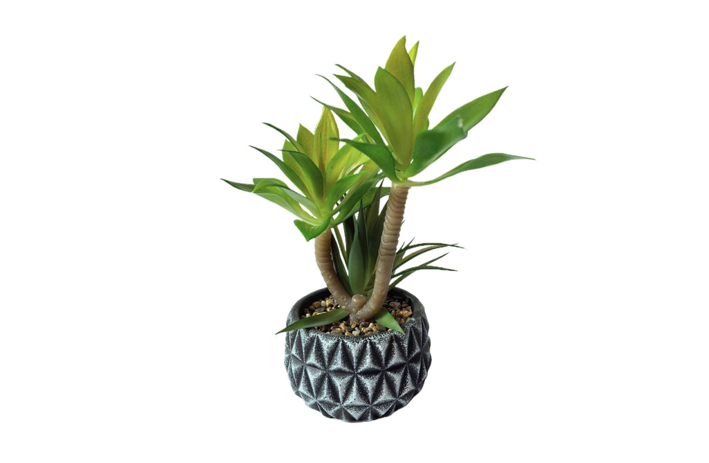Lifelike succulent plant in a stylish charcoal diamond-pattern pot for modern décor.