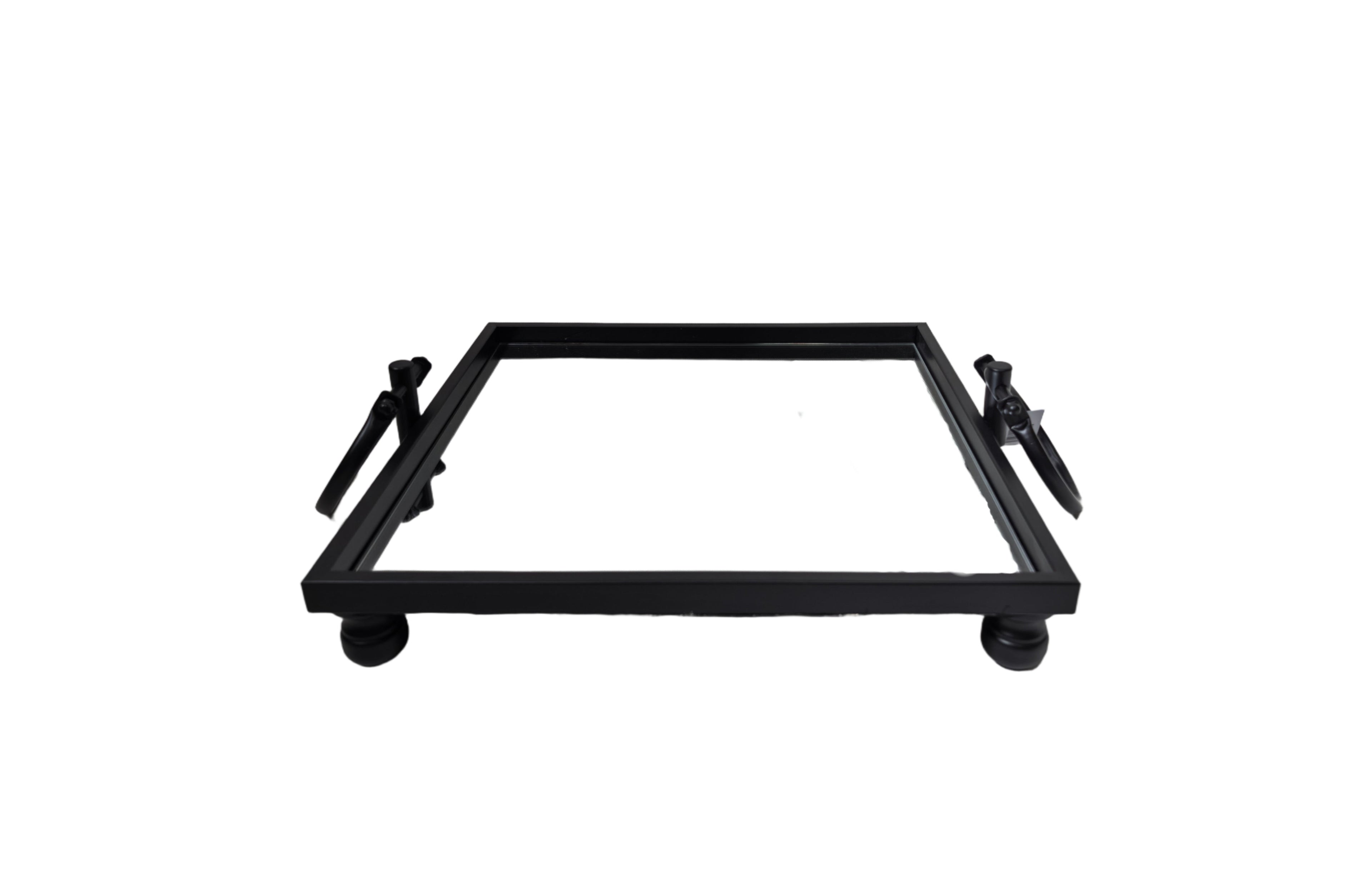 Bold black square mirror tray with handles – modern and versatile décor.