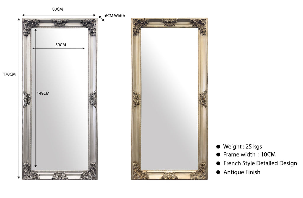 Medium French provincial ornate mirror with dimensions, antique finish and French style detailing.