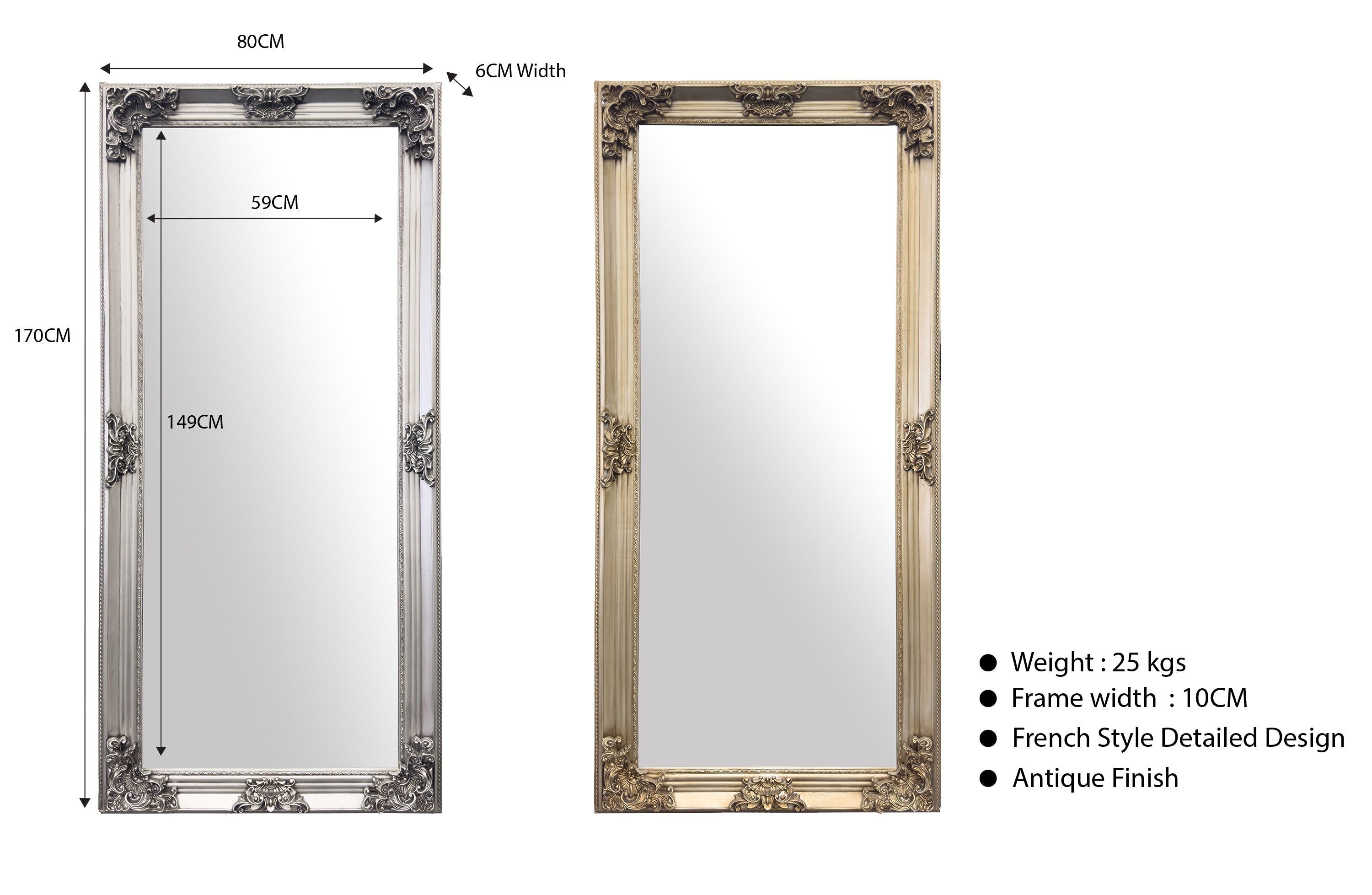 Medium French provincial ornate mirror with dimensions, antique finish and French style detailing.