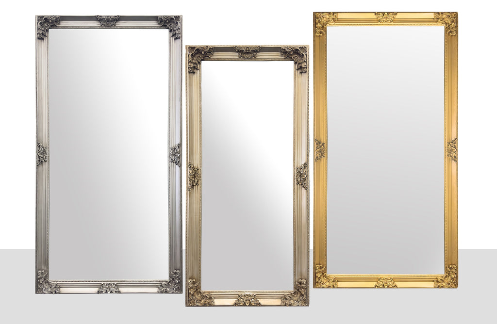 French provincial ornate deluxe mirrors collection in silver, champagne and gold antique finishes.