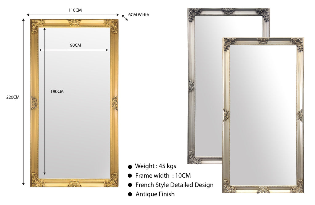 Extra large French provincial ornate mirror with dimensions, antique finish and French detailed frame.