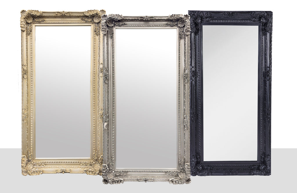 French provincial LUX ornate mirrors collection in champagne, silver and black antique finishes.