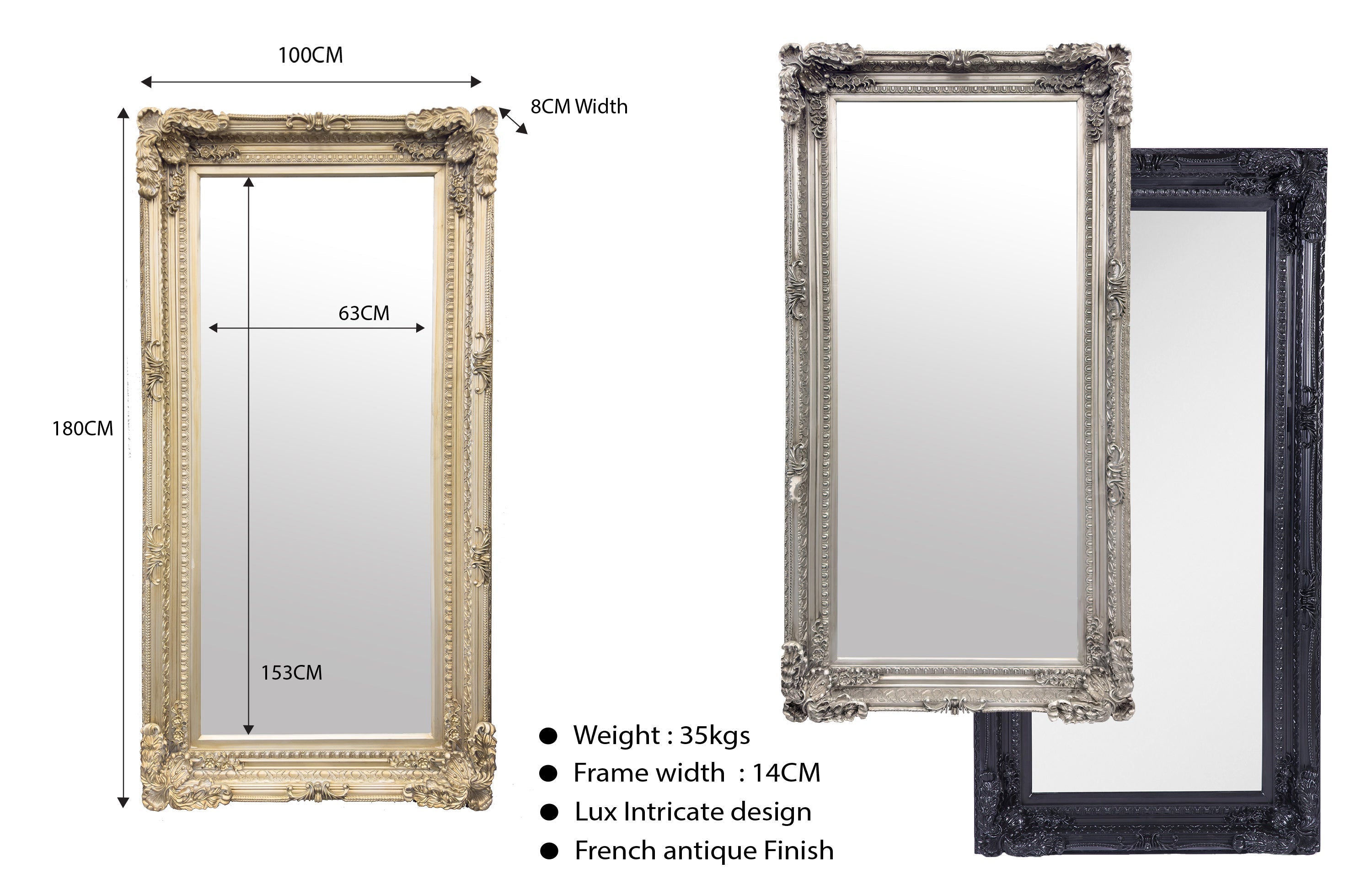 French provincial LUX ornate mirror with dimensions, antique finish and intricate 14cm wide frame.