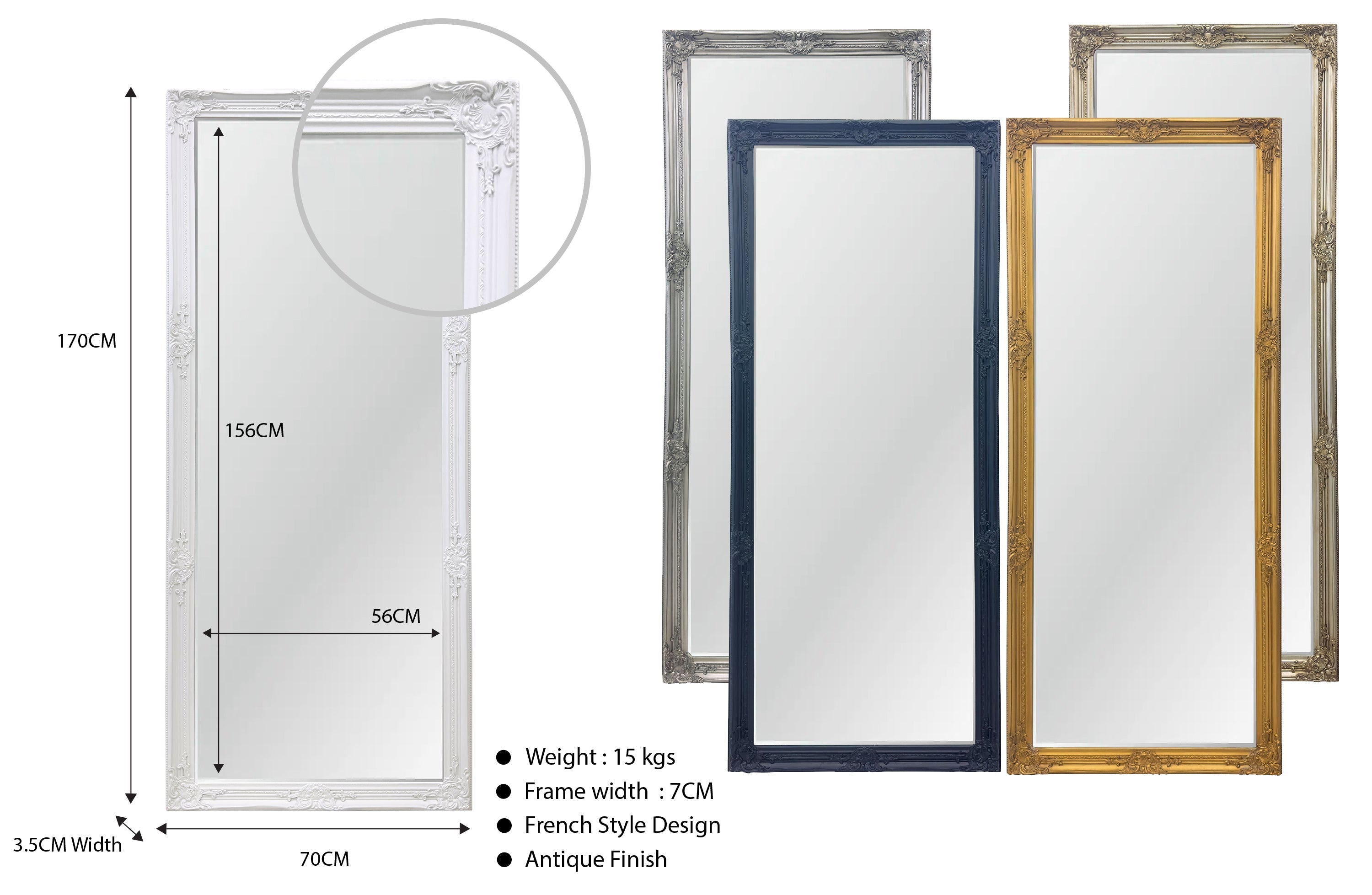 Medium ornate French provincial mirror with antique finish, elegant décor for hallways or bedrooms.