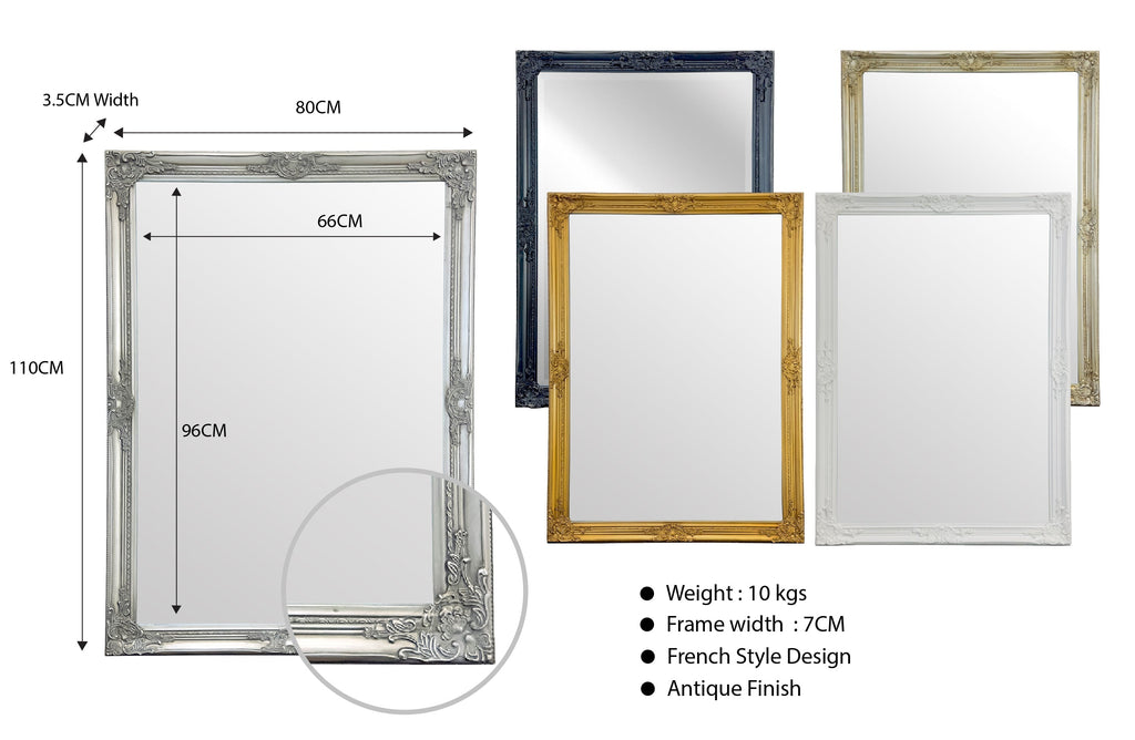 Small ornate French provincial mirror in antique finish, adds charm to compact wall spaces.