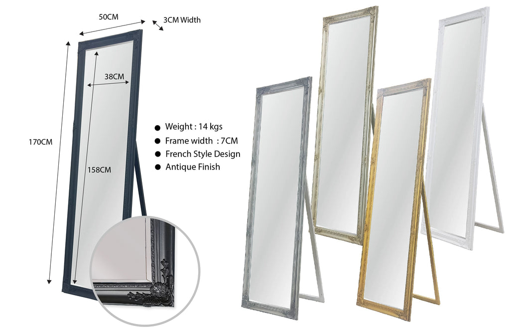 Antique finish French provincial free standing mirror, ideal for bedrooms and dressing spaces.