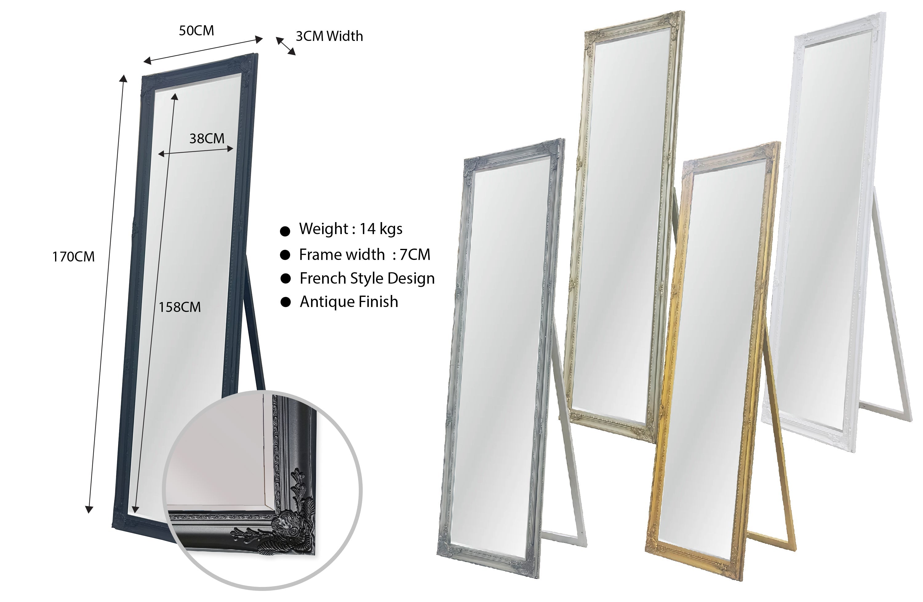 Antique finish French provincial free standing mirror, ideal for bedrooms and dressing spaces.