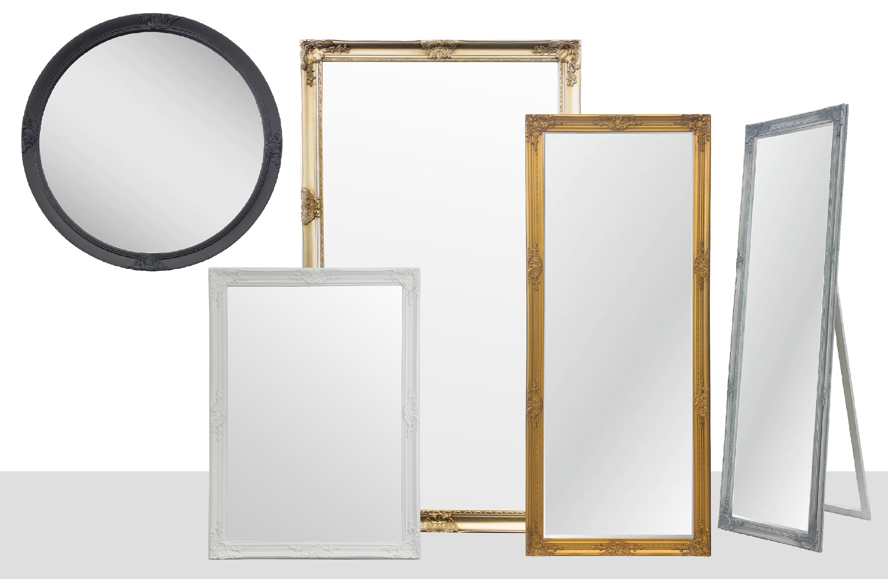 Collection of French provincial ornate mirrors in black, white, gold, silver and champagne finishes.