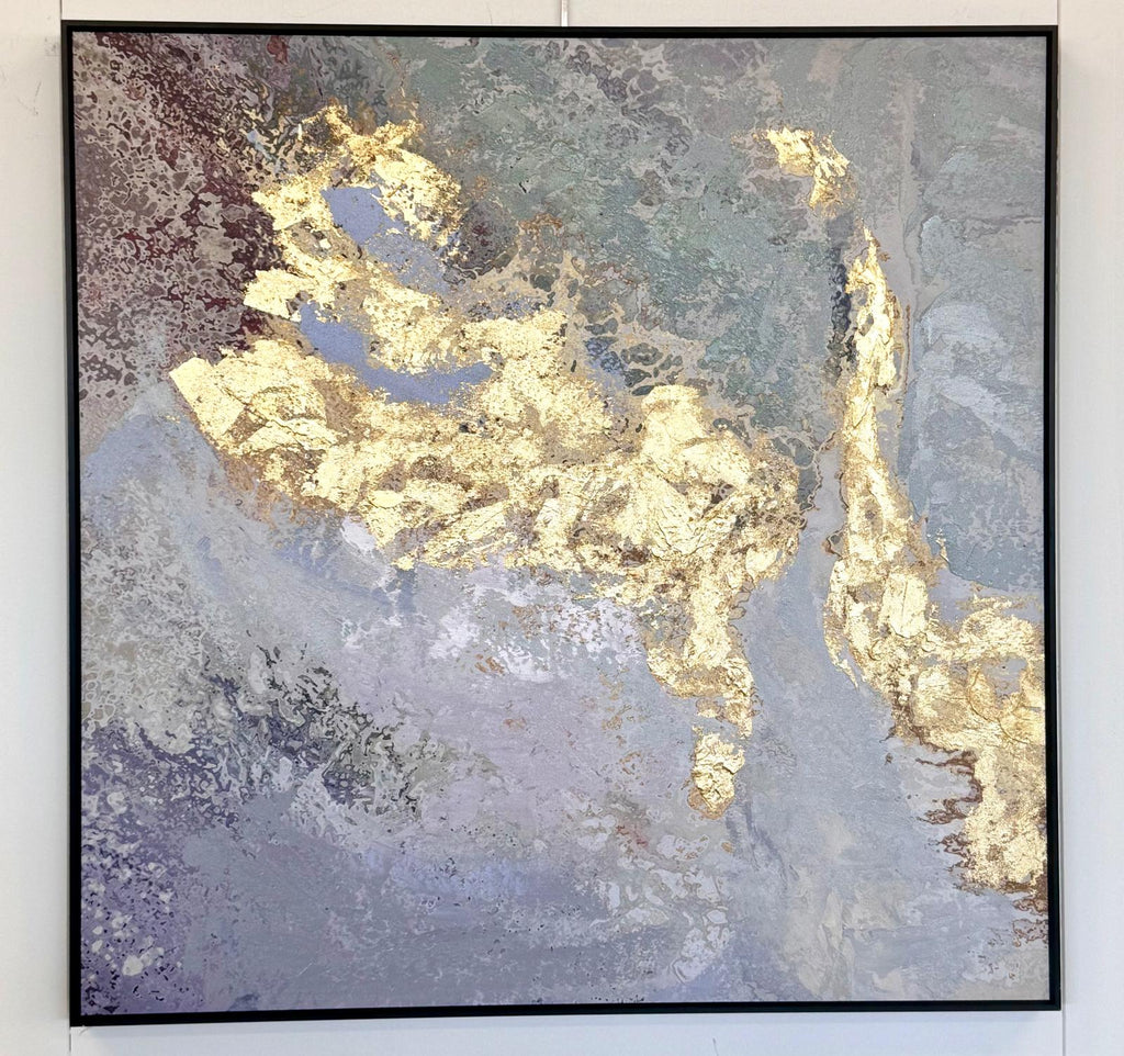 Shimmering gold abstract art in black frame, bold and modern.