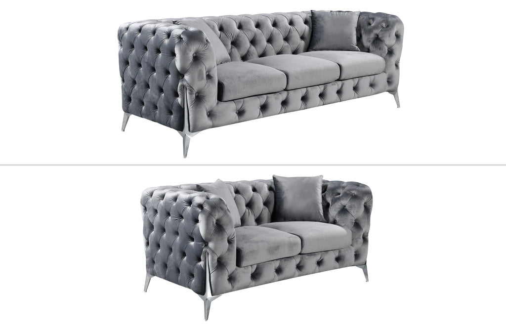 GRAND Dark Grey velvet tufted sofa set featuring 3-seater and 2-seater with elegant silver steel legs