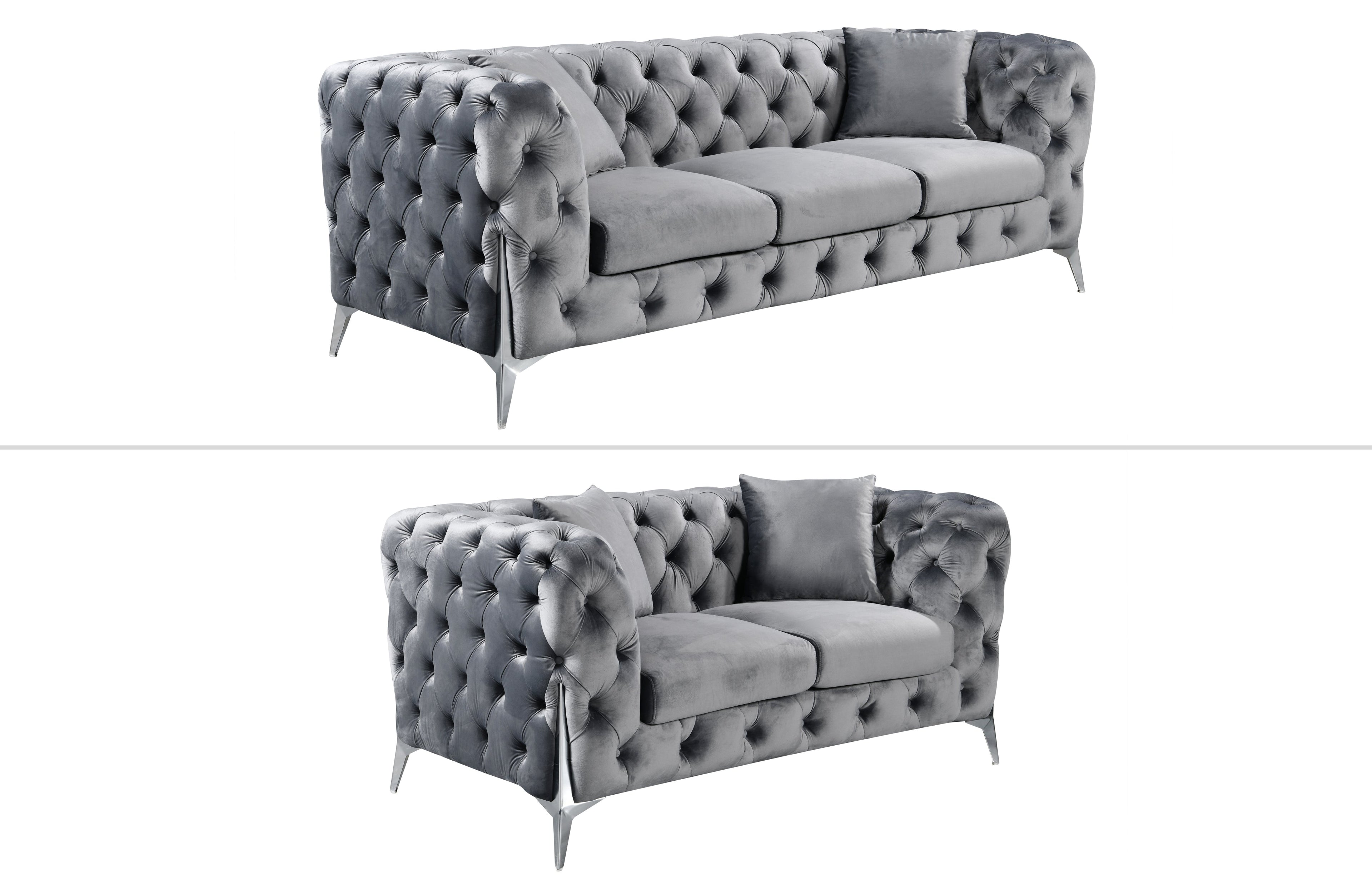 GRAND Dark Grey velvet tufted sofa set featuring 3-seater and 2-seater with elegant silver steel legs