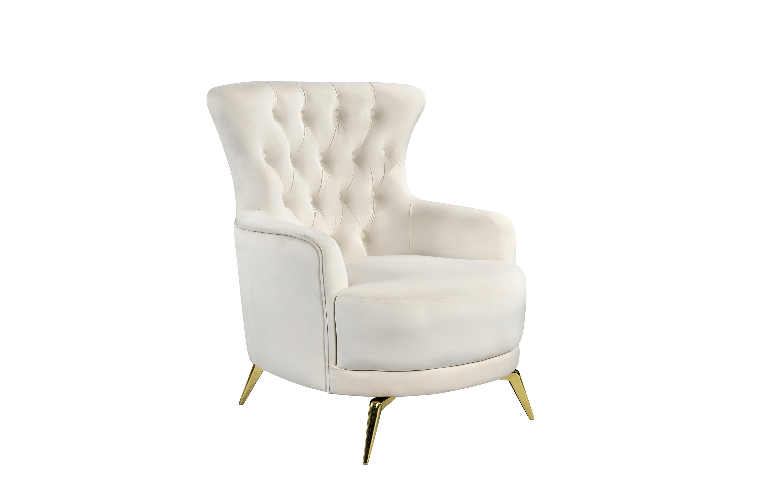 GRAND beige velvet tufted wing chair with stylish gold steel legs