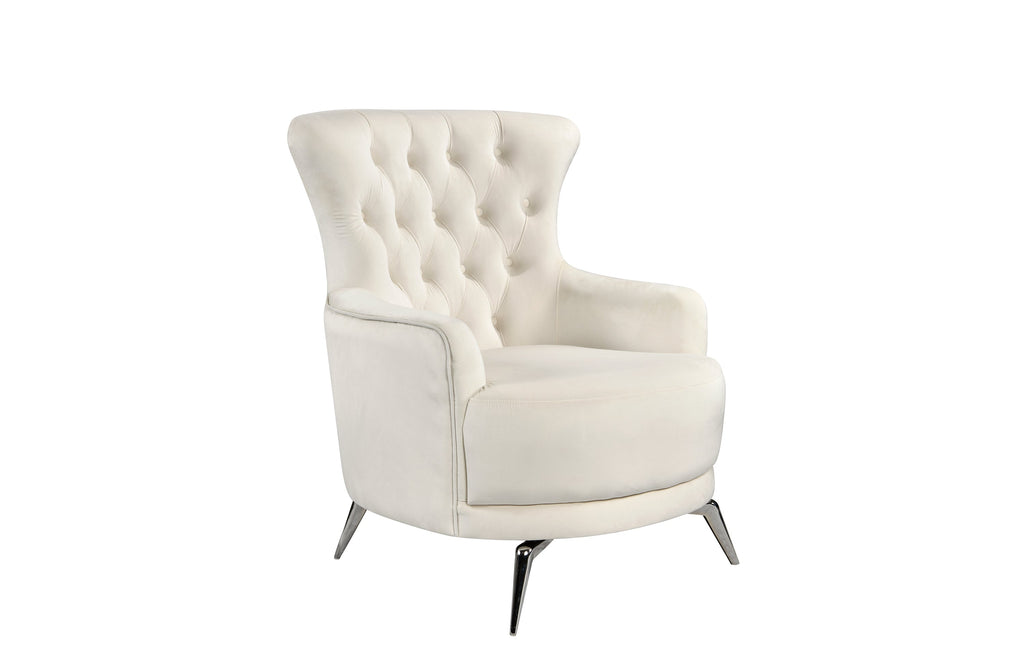 GRAND beige velvet tufted wing chair with modern silver legs