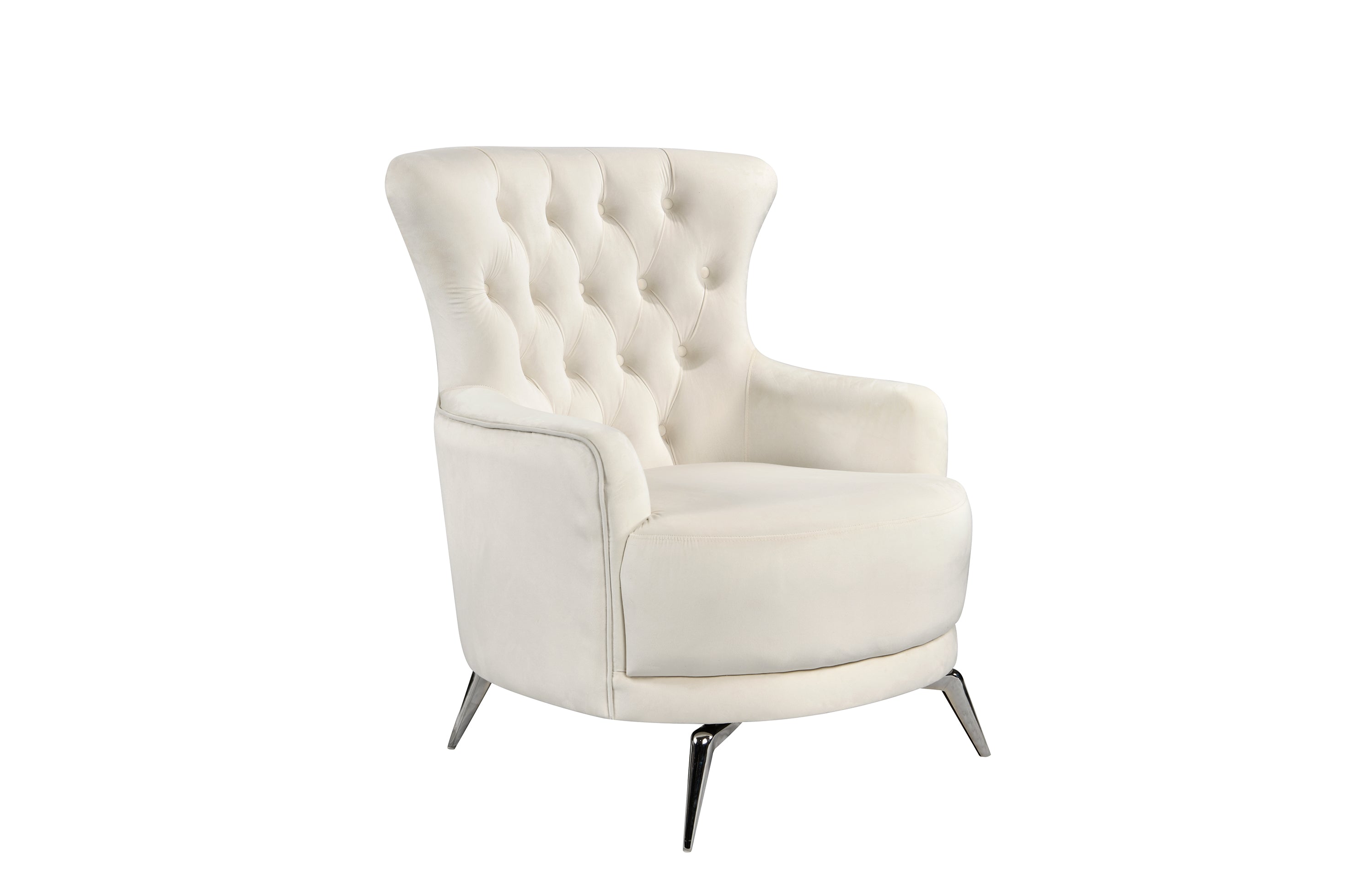 GRAND beige velvet tufted wing chair with modern silver legs