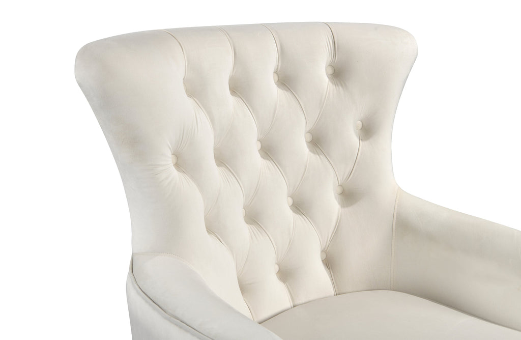 Detailed tufted backrest of GRAND beige velvet wing chair in luxury finish