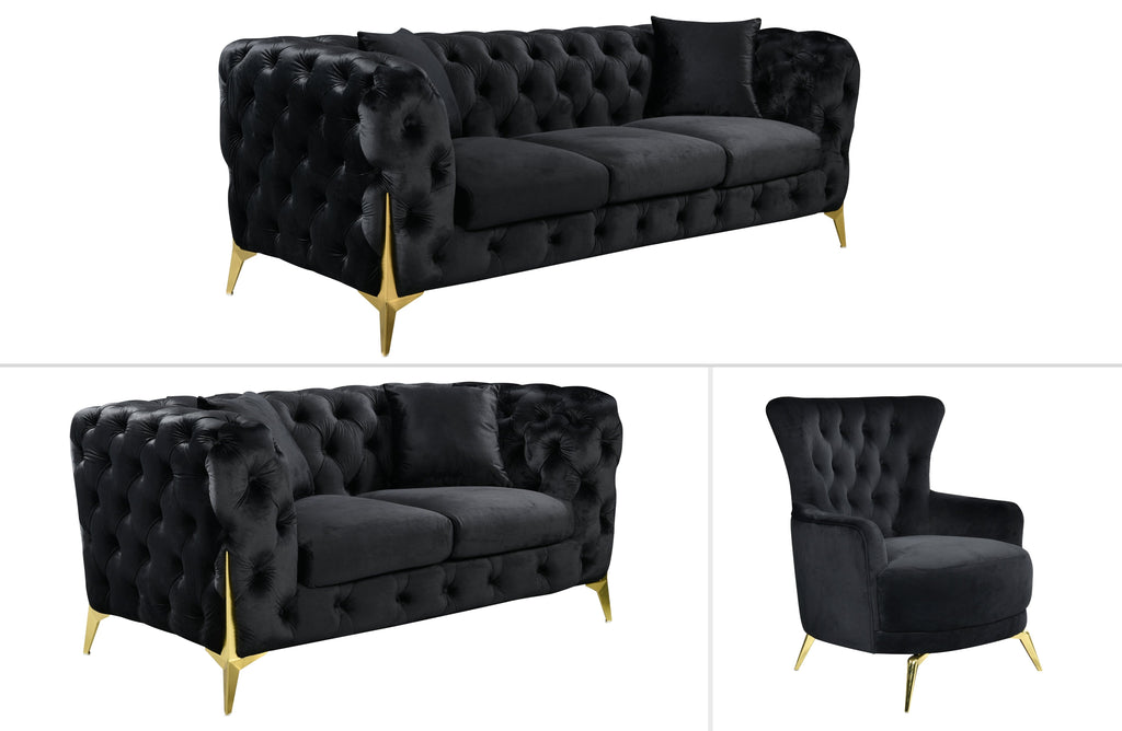 GRAND black velvet tufted lounge with elegant gold steel legs