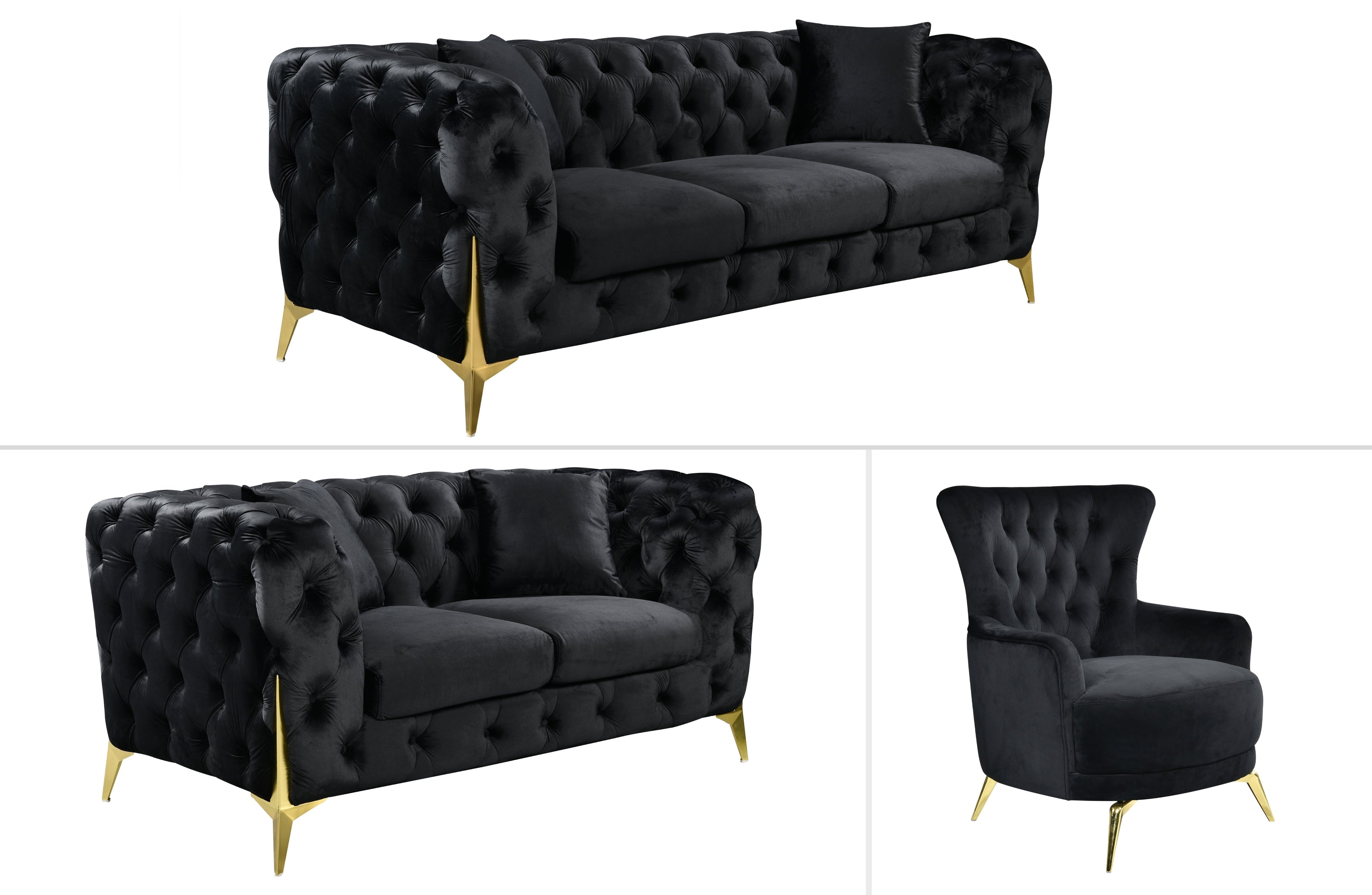 GRAND black velvet tufted lounge with elegant gold steel legs